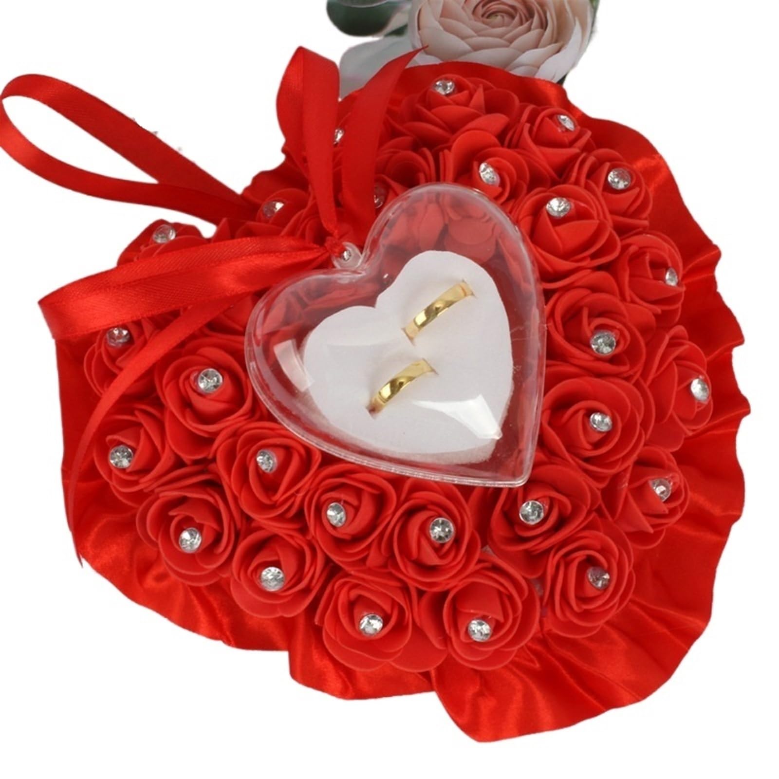 Cuscino Fedi Nuziali Cuscino for anello di nozze romantico in raso cristallo, a forma cuore, for decorazioni nuziali per cerimonia nuziale, proposta di matrimonio(Red)