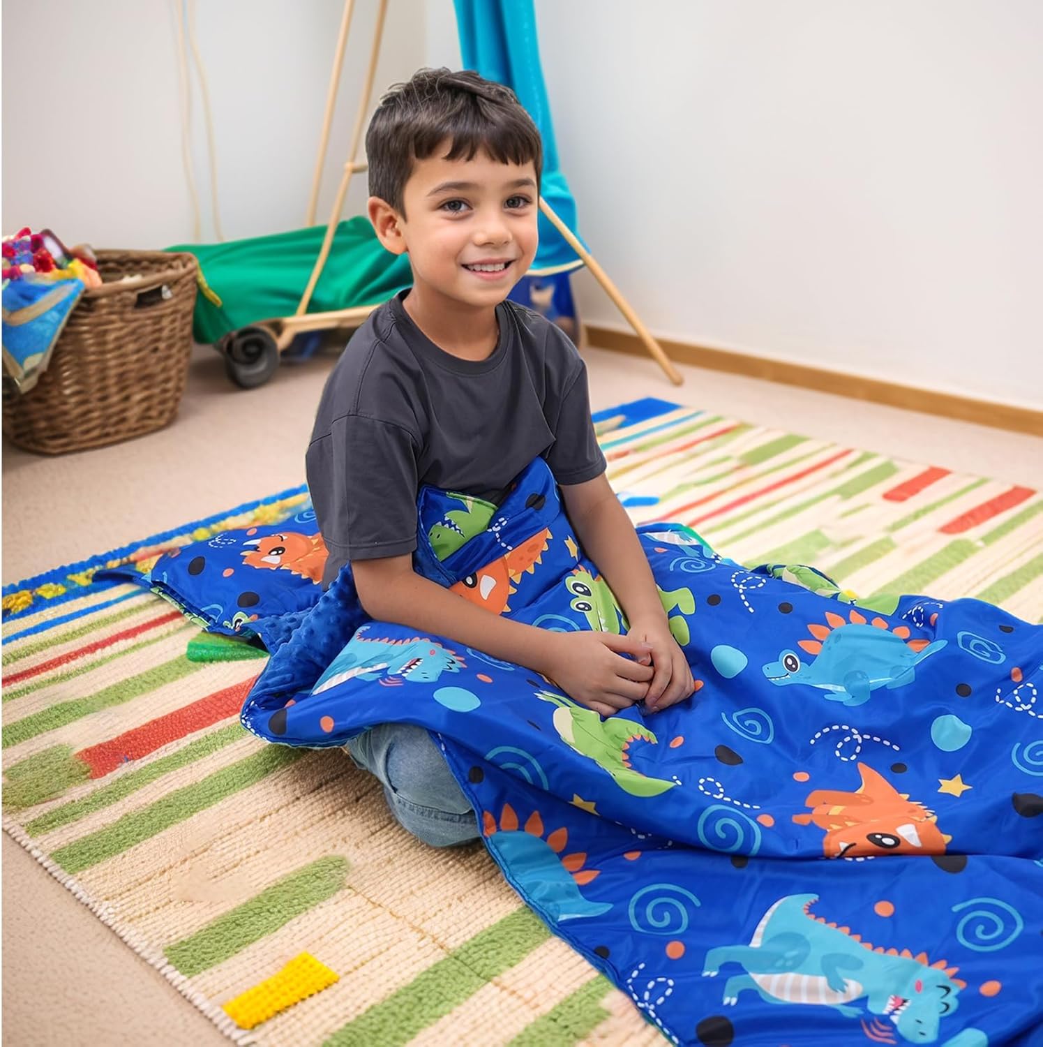 Toddler Nap Mat with Pillow and Minky Blanket, Large 54.7''x33.4'' Kids Sleeping Bag, Washable, Roll up, Sleeping Mat for Boys & Girls, for Daycare Preschool, Kindergarten, Camping