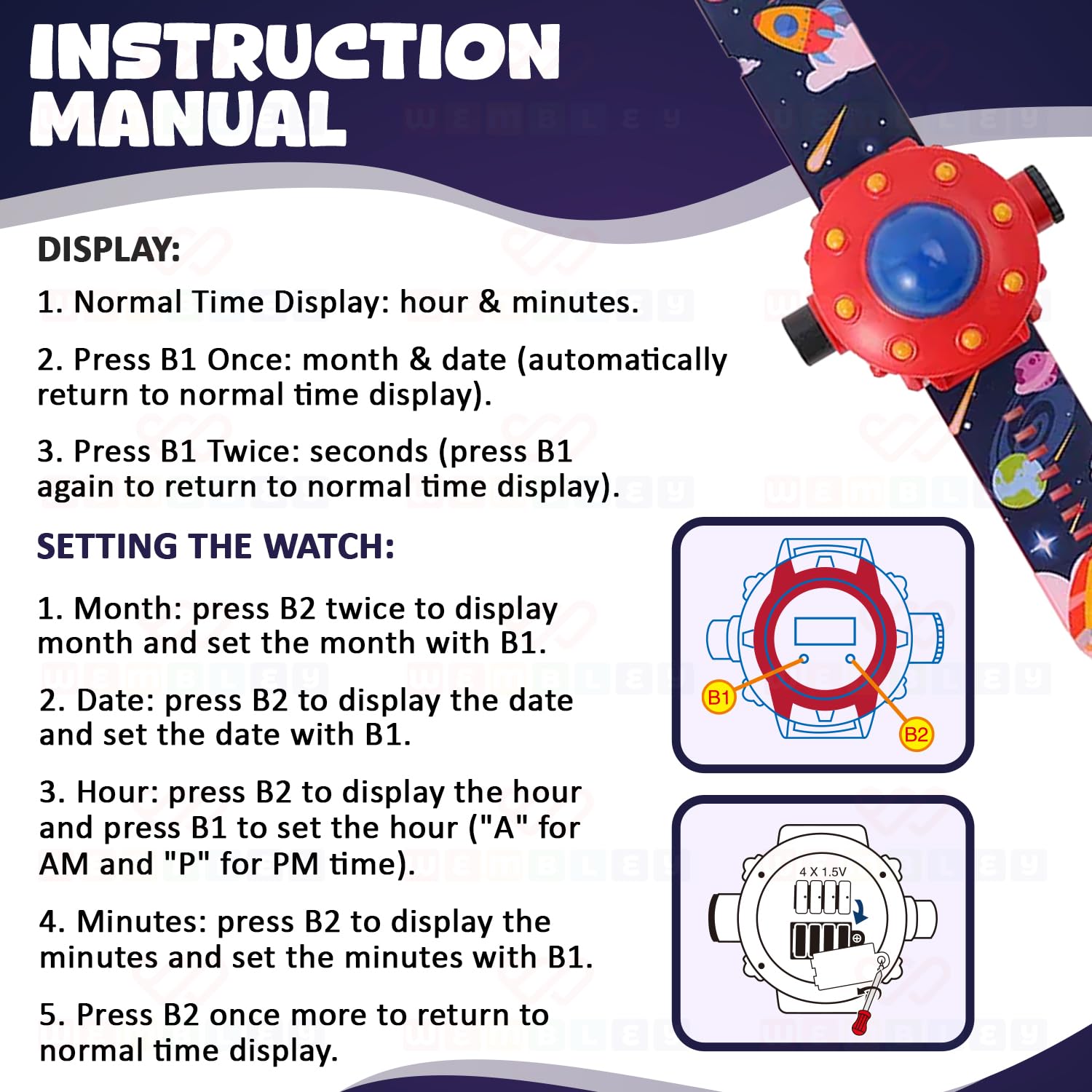 Wembley Digital Projector Watch for Kids| Sturdy & Practical Designed Wrist Watch| Soft, Flexible & Adjustable Strap| with Smart Time, Date & Month| Feature 24 Images- Space 3