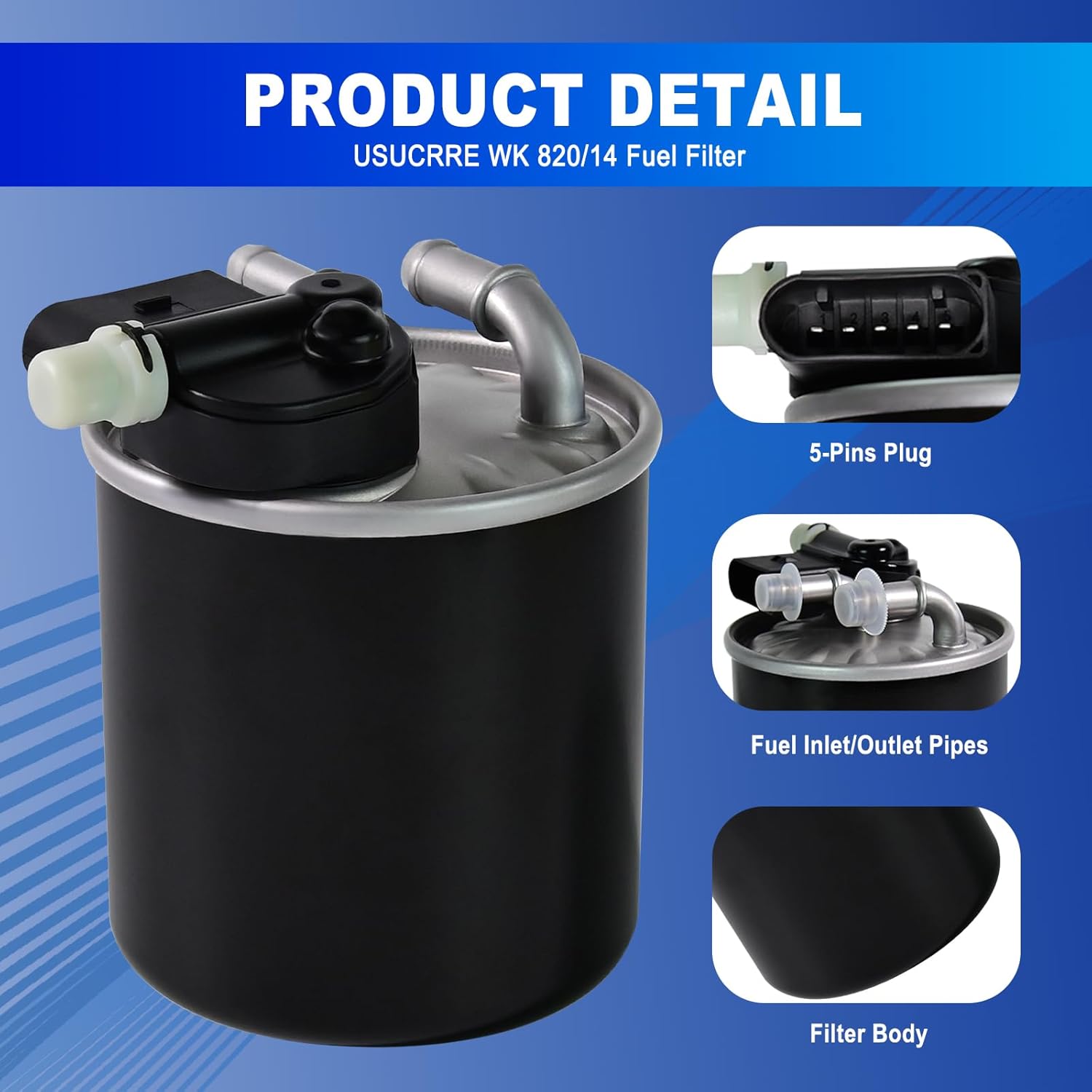 WK 820/14 Fuel Filter 5-Pins Plug Compatible with Mercedes-Benz for Sprinter 2500 3500 3500XD GL350 ML350 E350 S350 R350 ML320 2010-2021 Diesel Engine Replaces OE 6420906052, 642 090 48 52