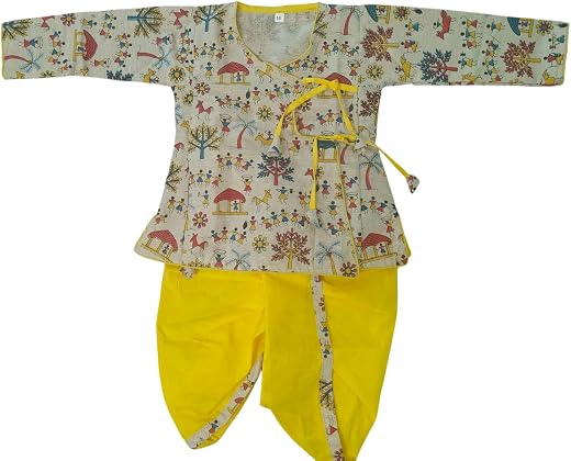 AHAAN CREATIONS Boy?s Cotton Full Sleeve Angrakha Multi Style Kurta with Dhoti Set for Baby Kid, Traditional Ethnic Wear f...
