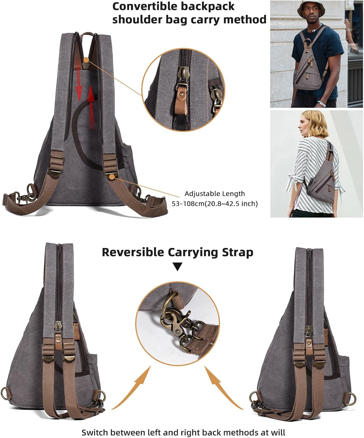 KL928 Canvas Sling Bag - Small Crossbody Backpack Shoulder Casual Daypack Rucksack for Men Women(Small Version, Dark Grey) - Image 3