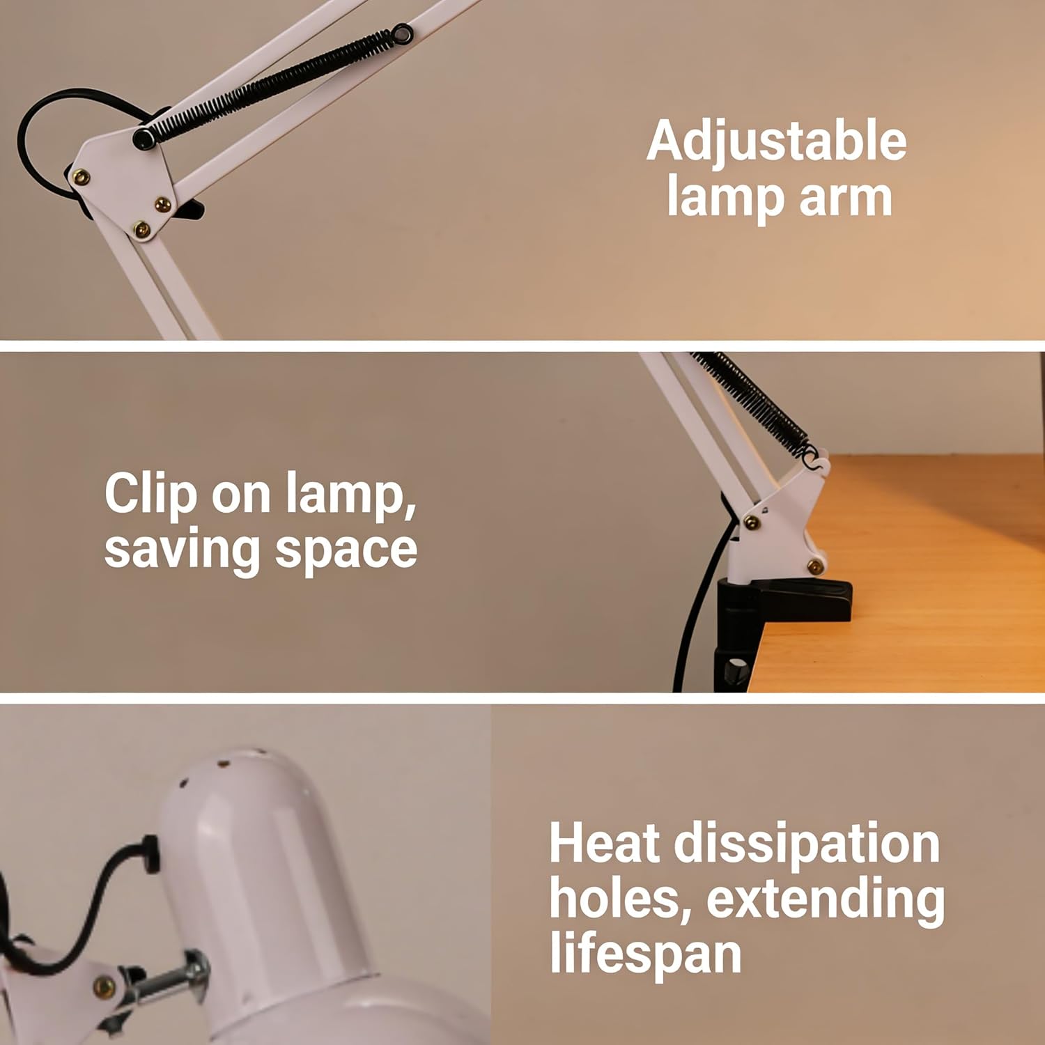 Estink Adjustable Long Arm Metal Reading Lamp, Eye Clip Desk Light for Study, Long Arm Lamp, Embroidery, Repair Work, Fast Heat Dissipation, Flexible Adjustment (White)