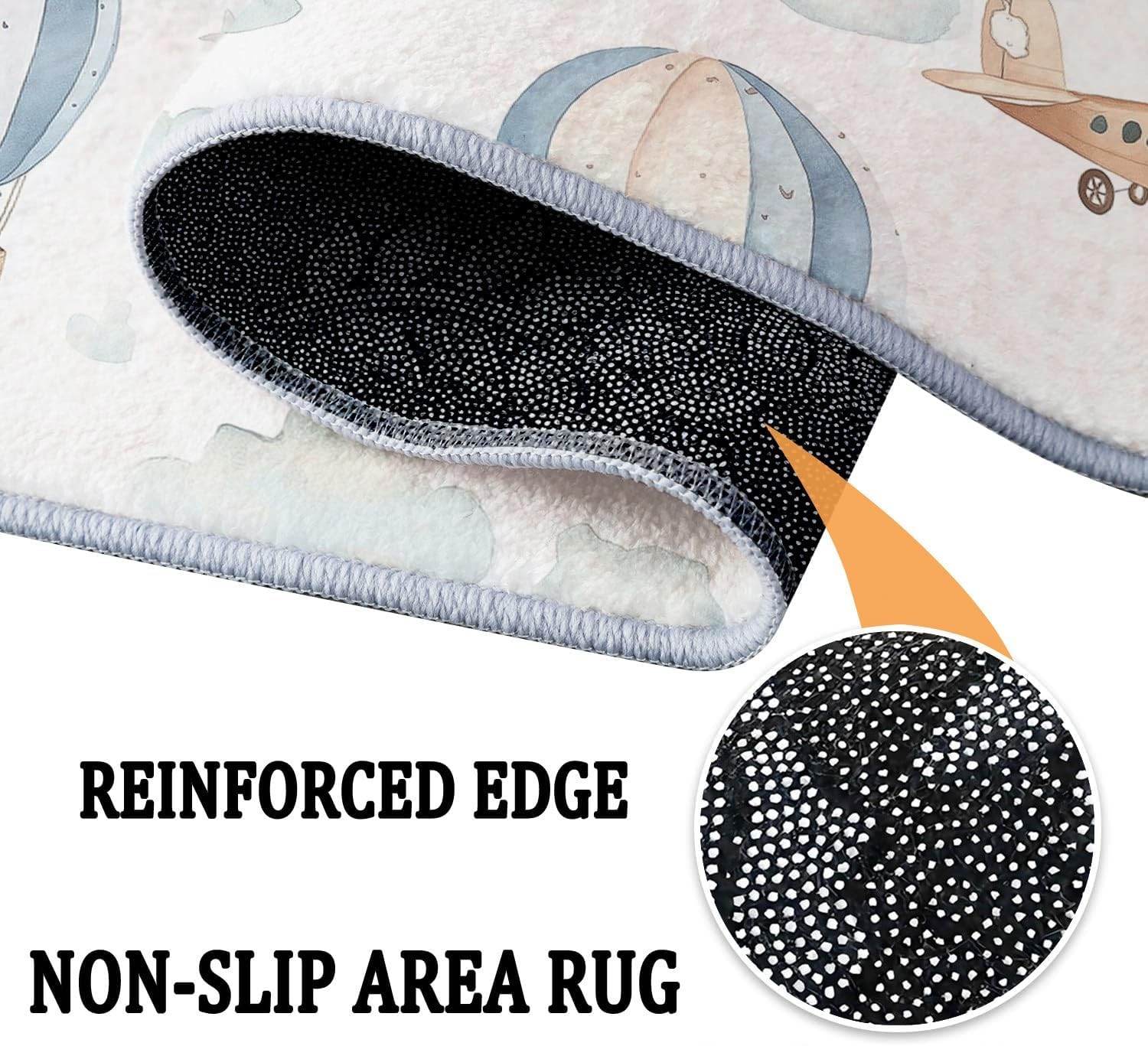 Watercolour Machine Washable Area Rug, Airplane and Hot Air Balloon Soft Area Rug - Non Slip Stain Resistant Low Pile Carpet with Non Slip Backing 4 x 6 ft for Living Room Bedroom Playroom