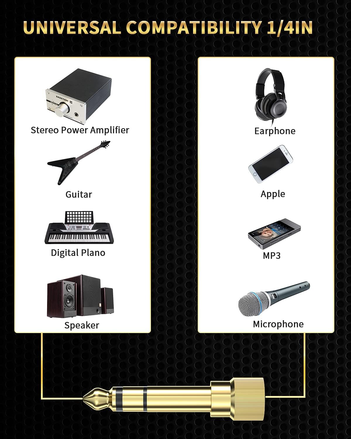 bestune 8 adaptadores de auriculares estéreo de 6,35 mm 1/4 macho a 3,5 mm hembra 1/8 hembra chapado en oro para altavoz, auriculares, guitarra, amplificador de piano digital