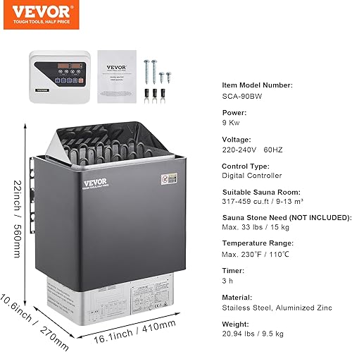 Miniatura 7 de VEVOR Calentador de sauna, estufa eléctrica de sauna de 9KW 220V, calentador de sauna de baño de vapor con controlador digital externo, temporizador
