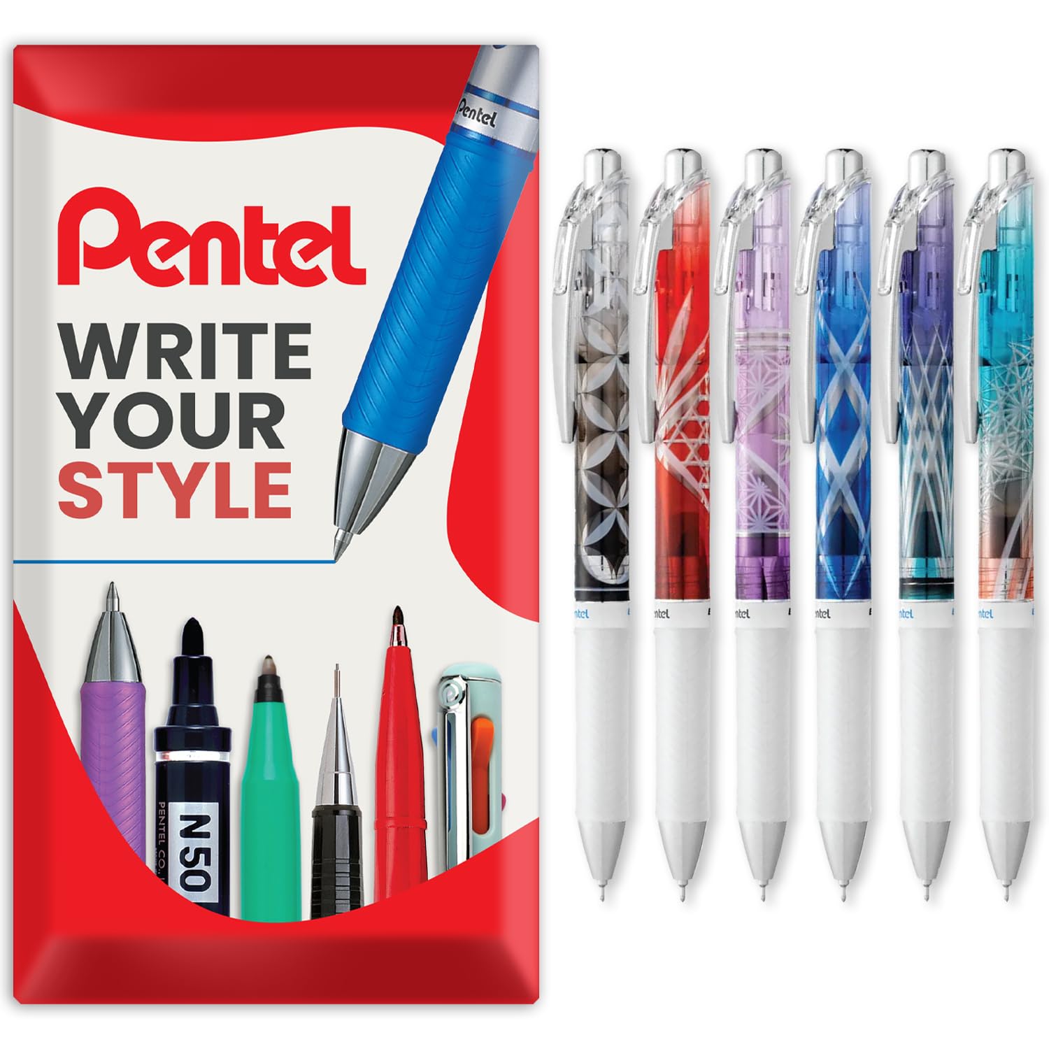Pentel EnerGel Gel Ink Retractable Rollerball Pen - BLN75 0.5mm Nib - Edo Kiriko Limited Edition Pens - Black Ink - in Envelope Gift Packaging (Assorted Pack of 6)