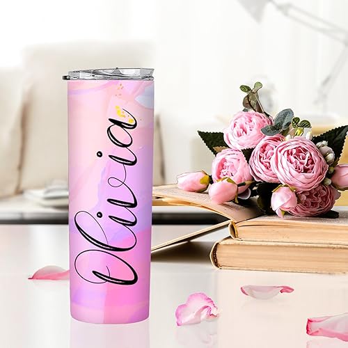 Miniatura 2 de Vaso personalizado con tapa y pajilla, vaso personalizado delgado de acero inoxidable de 20 onzas, vaso aislado delgado con nombres, el mejor regalo