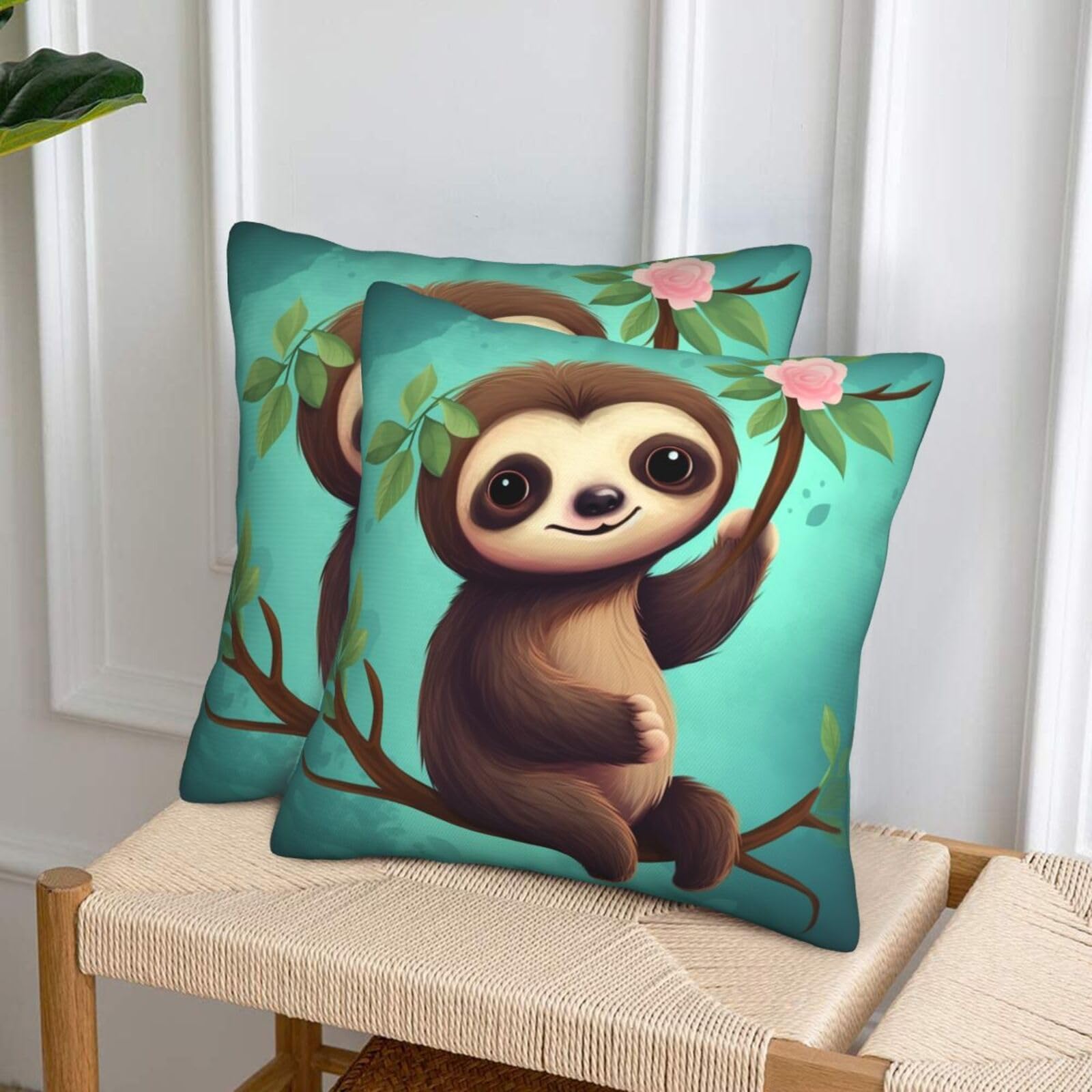 NONHAI Decorative Throw Pillow Covers Set of 2, 18"x18" Square Cushion Case Soft Comfy Cute Sloth Throw Pillows for Couch Cushion Livingroom Farmhouse Home Decor Pillowcases