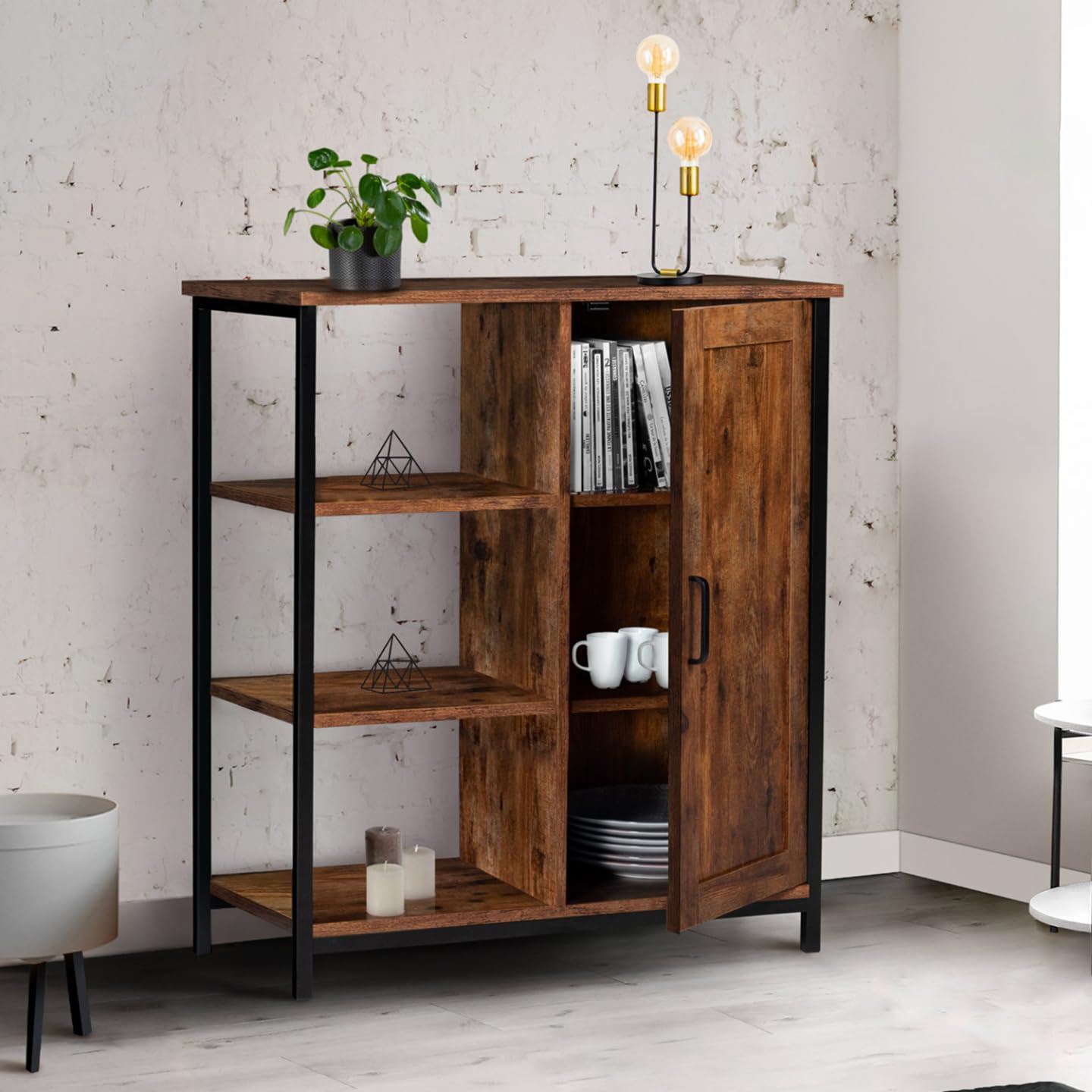 IDMarket - Aparador auxiliar con 3 estantes y armario de 70 cm Dayton efecto envejecido, diseño industrial