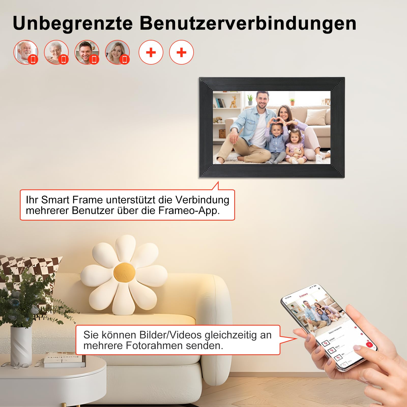Frameo WLAN Digitaler Bilderrahmen 10,1 Zoll Touchscreen elektronischer Foto-Videorahmen 1280 * 800, 16 GB Speicher, Frameo-App, Automatische Drehung, Wandmontage (schwarz)