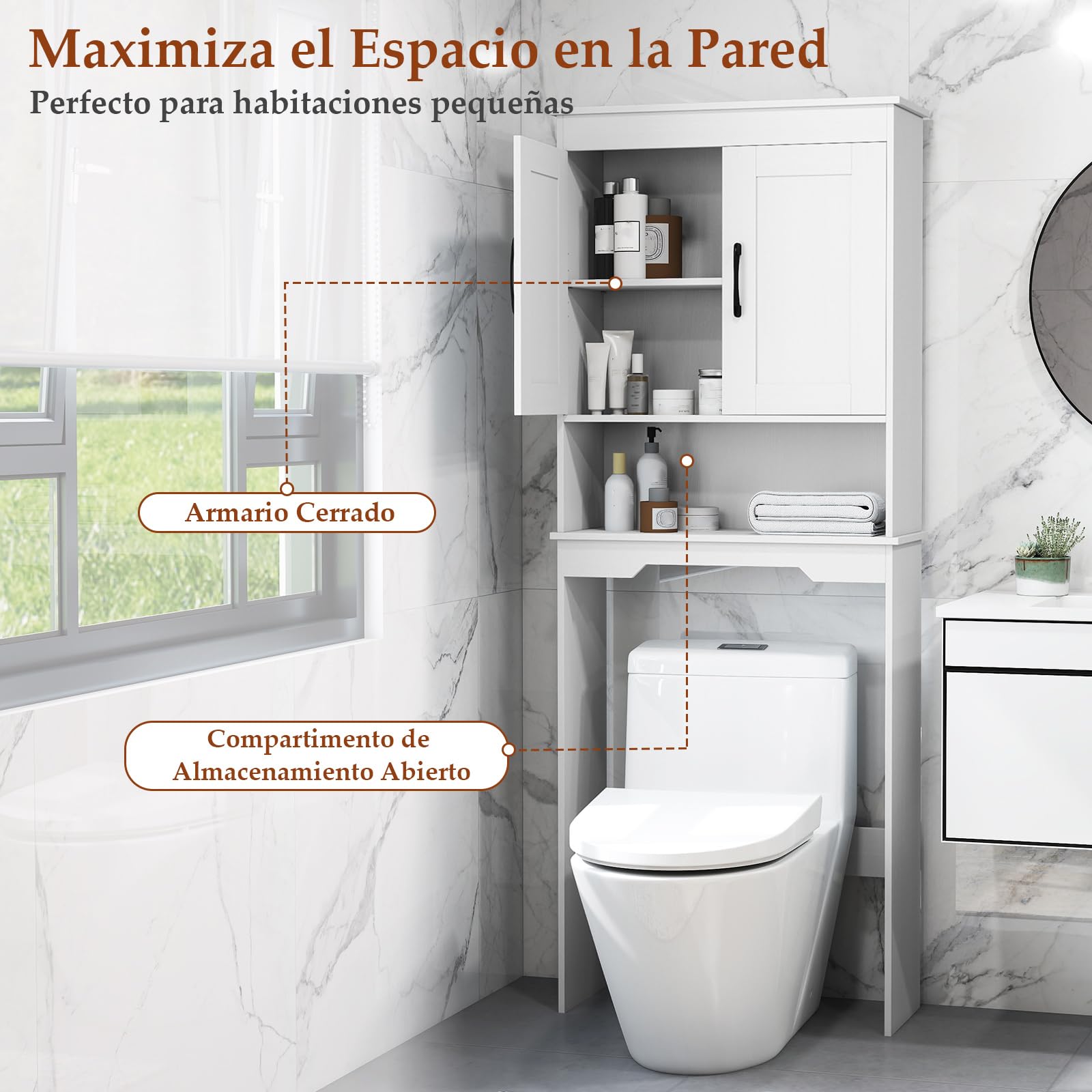 COSTWAY Armario sobre Inodoro, Organizador de Baño Independiente con 2 Puertas y Estante Ajustable, Ahorrador de Espacio sobre el Inodoro para Baño, Lavadero, 63 x 24 x 168 cm, Blanco