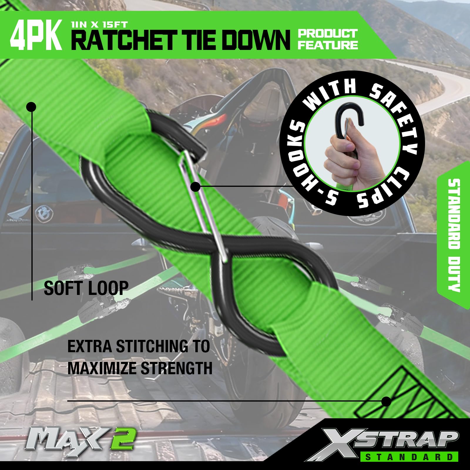 XSTRAP Standard Ratschenspanngurte, 4 Stück, 1 Zoll x 15 Fuß, 600 lbs, 1800 lbs, Ladungsgurte mit gepolsterten Griffen und beschichtetem S-Haken mit Clip
