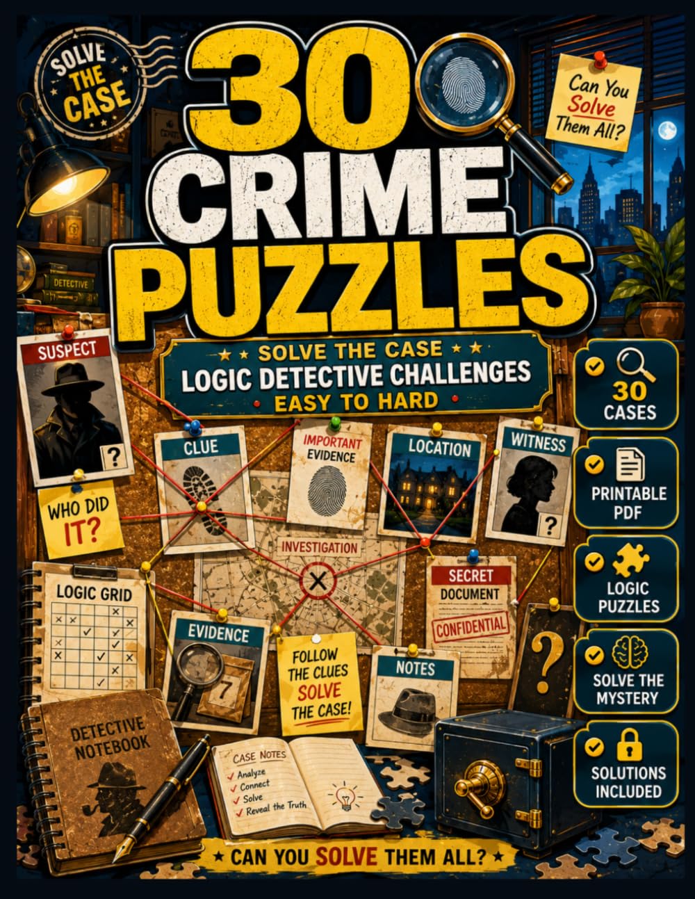 Murder Mystery Puzzle Book for Adults: 30 Crime Cases to Solve: Detective Logic Puzzles with Suspects, Clues & Solutions Included