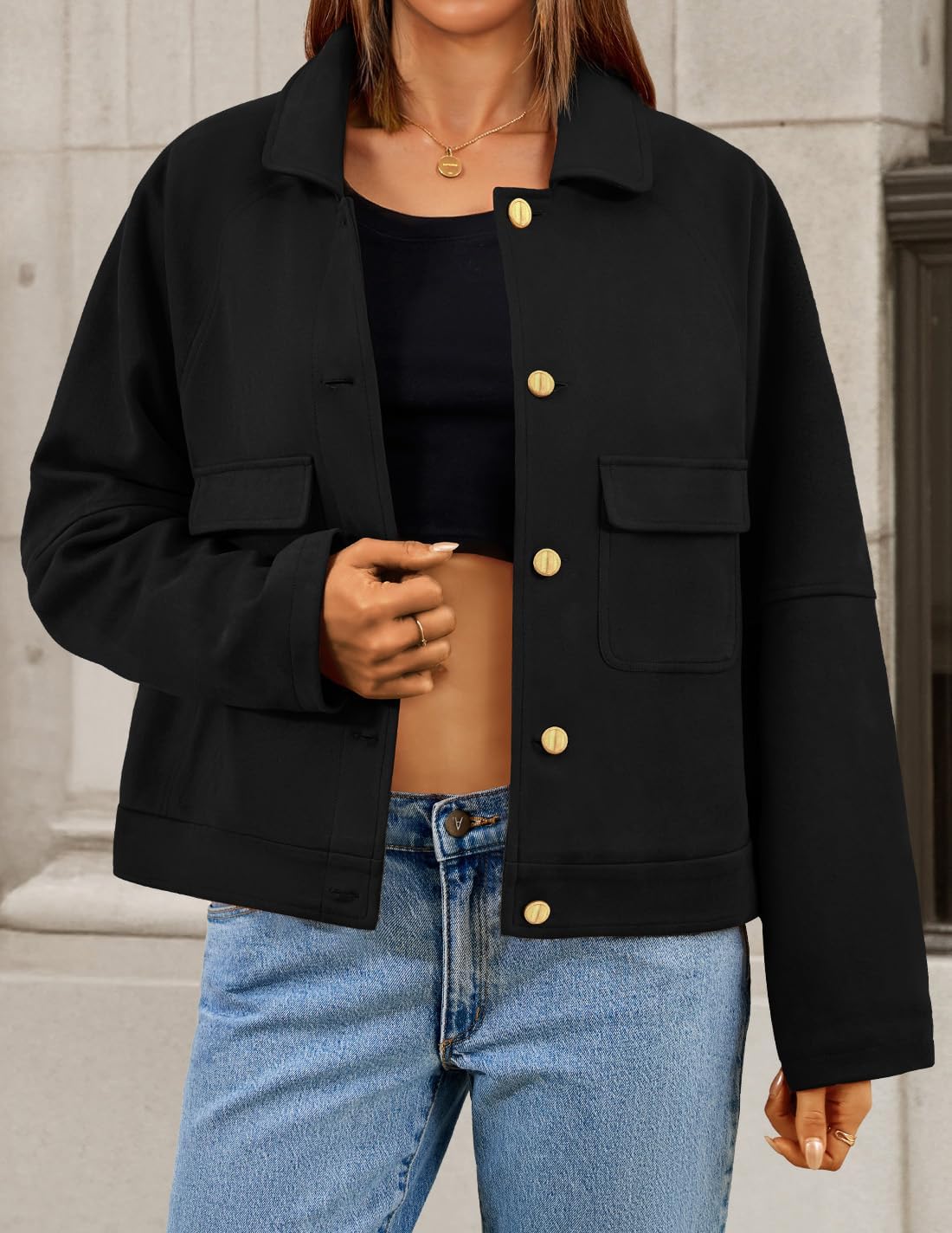 ZESICA Womens 2026 Spring Faux Suede Cropped Jackets Coats Casual Button Down Barn Vintage Trendy Shackets - Image 2