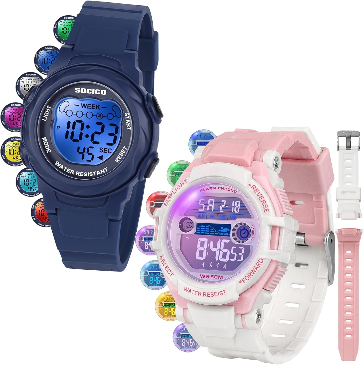 SOCICO Kids Digital Watches for Boys Teen Girls, 7 Color Lights Waterproof Sports Watch for Kids with Stopwatch Alarm, Great Present for Girls Ages 5-18 Teenagers