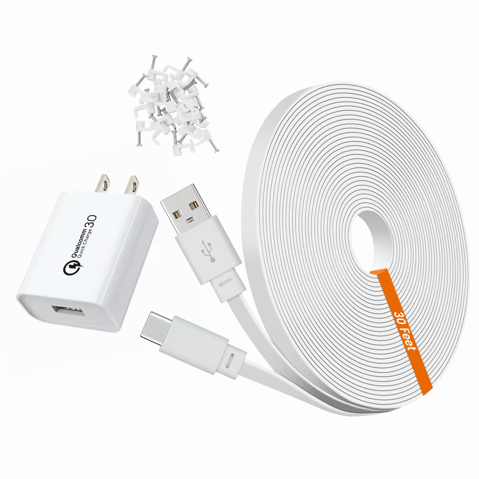 weishan 30ft Power Extension Cable for Tapo TP-Link 2K QHD C120 Security Camera - 9m USB C Long Flat Charging Cord with 18W Fast Charger, White