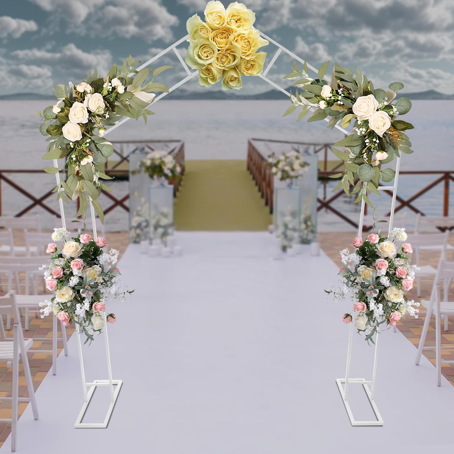 DYNAMI Double Wedding Arch 7.9ft H X 6.6ft W,Steeple Top Carbon Steel Wedding Backdrop Stand with Base,Metal Balloon Arches Garden Arbor for Garden Wedding Party Indoor Outdoor (White)