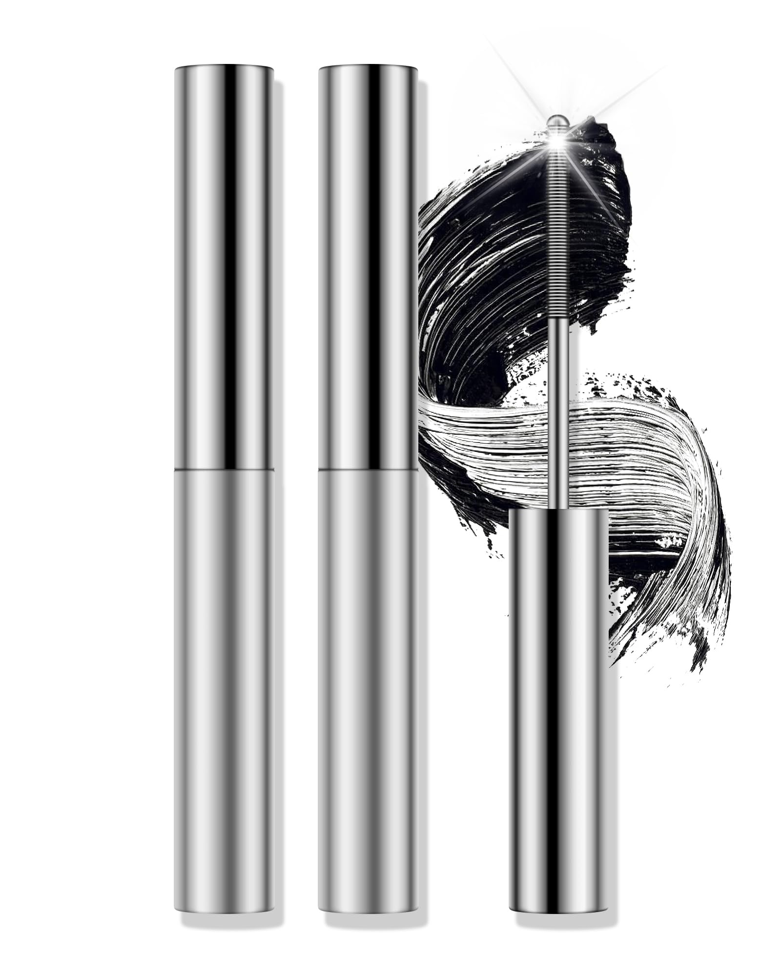 Waterproof Metal Wand Mascara, 2Pcs Fiber Curling Silver Stick Mascara Tube Black 2pcs