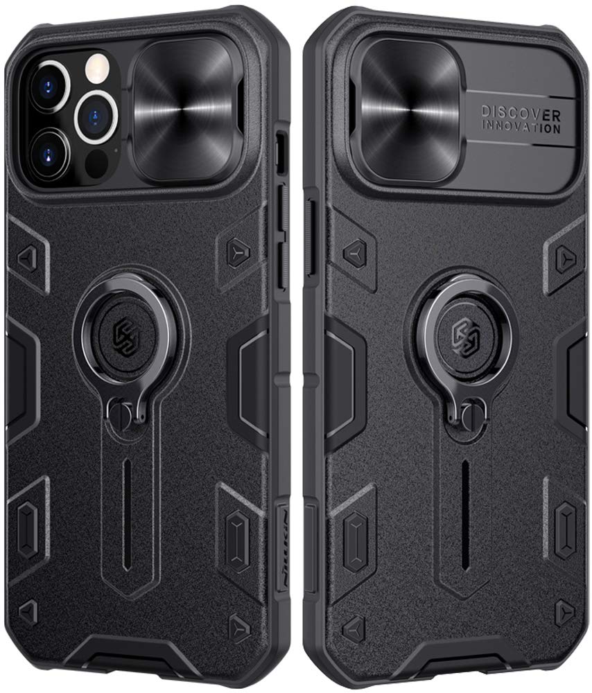 Ezanmull Compatible with iPhone 12 Pro Max Case with Stand Kickstand Ring and Camera Cover, Armor Shockproof Military Hard PC & TPU Bumper Hybrid Protective Cover for iPhone 12 Pro Max 6.7" (Black)