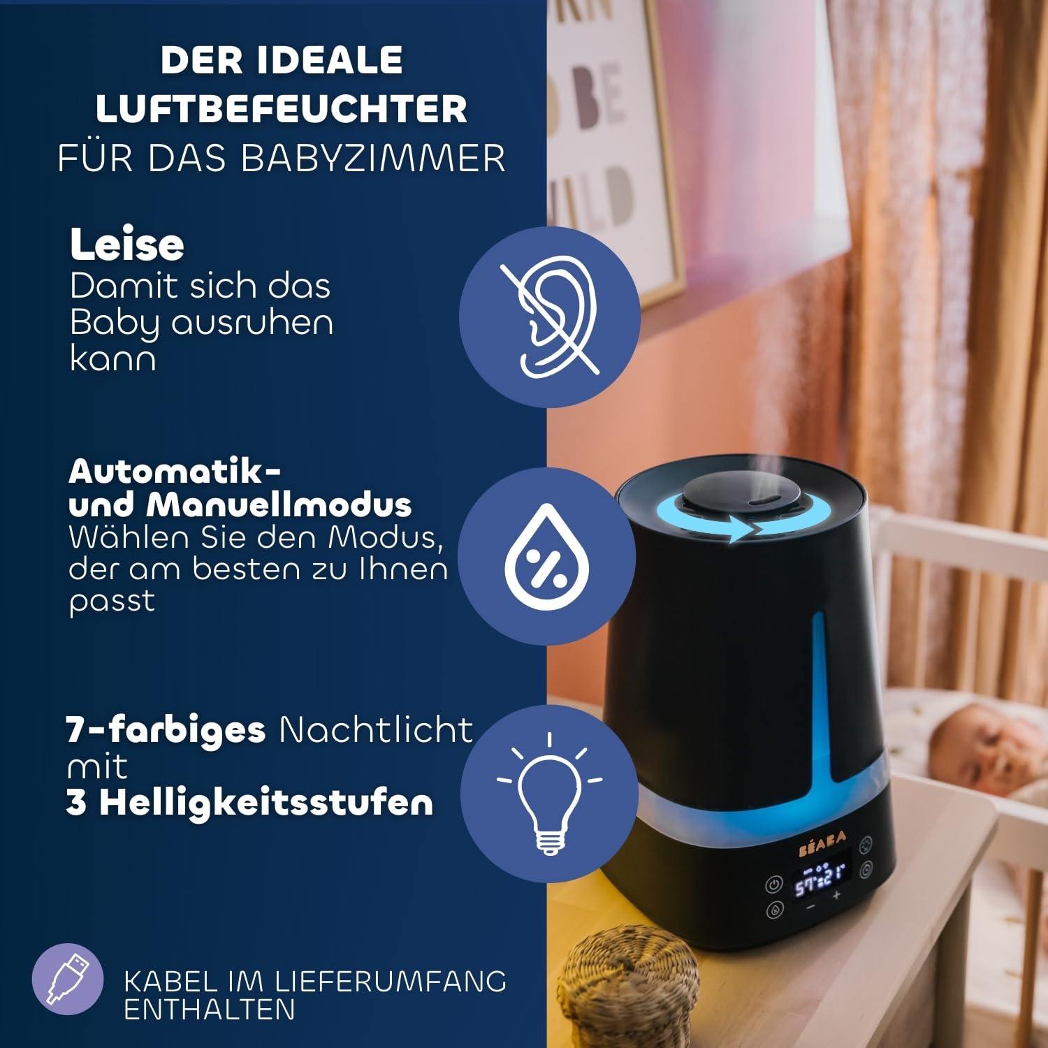 BÉABA, Luftbefeuchter Babyzimmer, 4 l, 27 Stunden Dauerbetrieb, geräuscharm, Nachtlicht mit 7 Farben, 3 Helligkeitsstufen, um 360° schwenkbare Düse, 2 Betriebsmodi, LED-Display, Timer, nachtblau