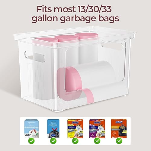 Miniatura 4 de Delamu Dispensador de bolsas de basura de plástico transparente, 2 unidades, almacenamiento de bolsas de basura con tapa de bambú, organizador