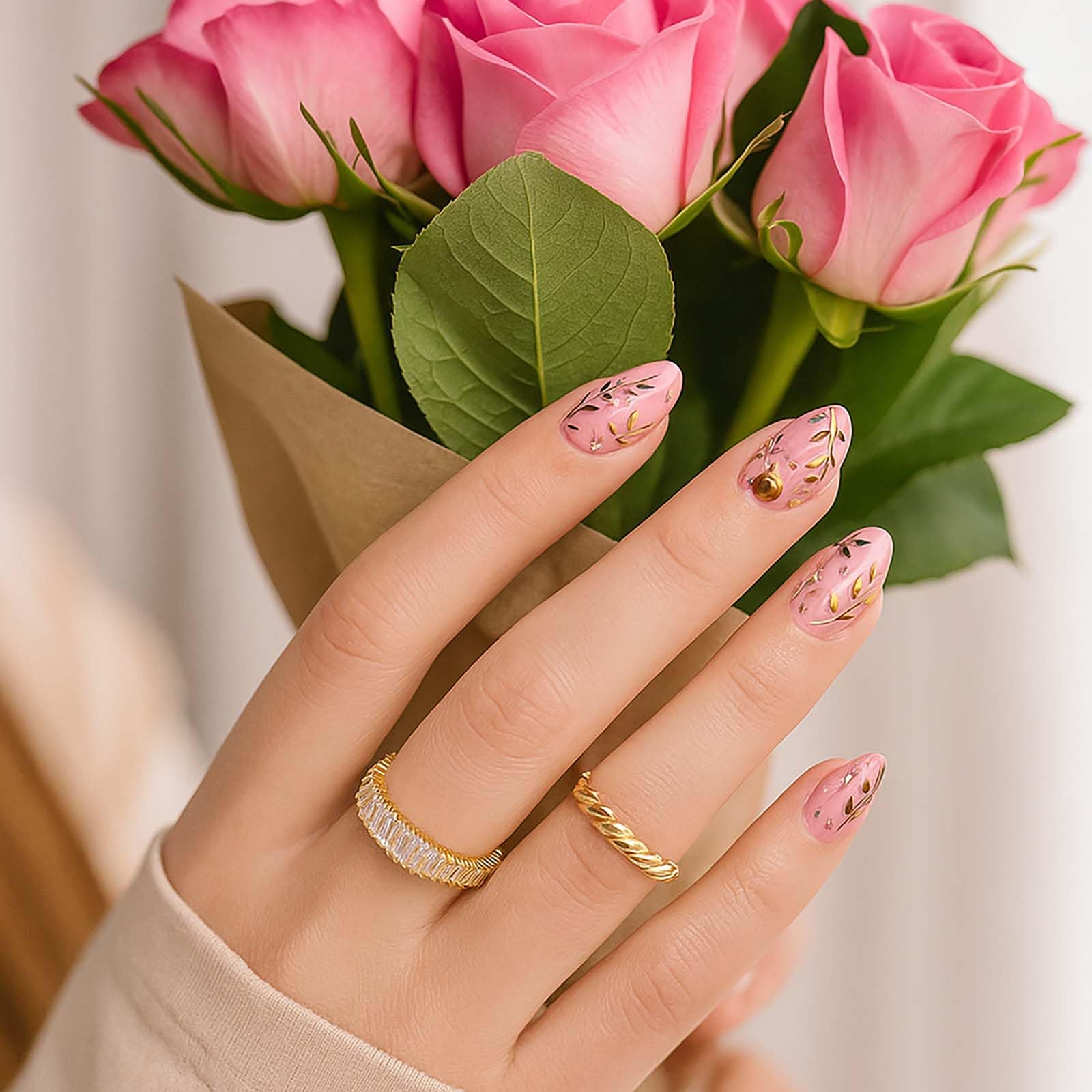 24 PCS Pumpkin Leaves Press On Nails Short Almond Shape, Autumn-Inspired False Nails with Elegant Pink Base - Image 2