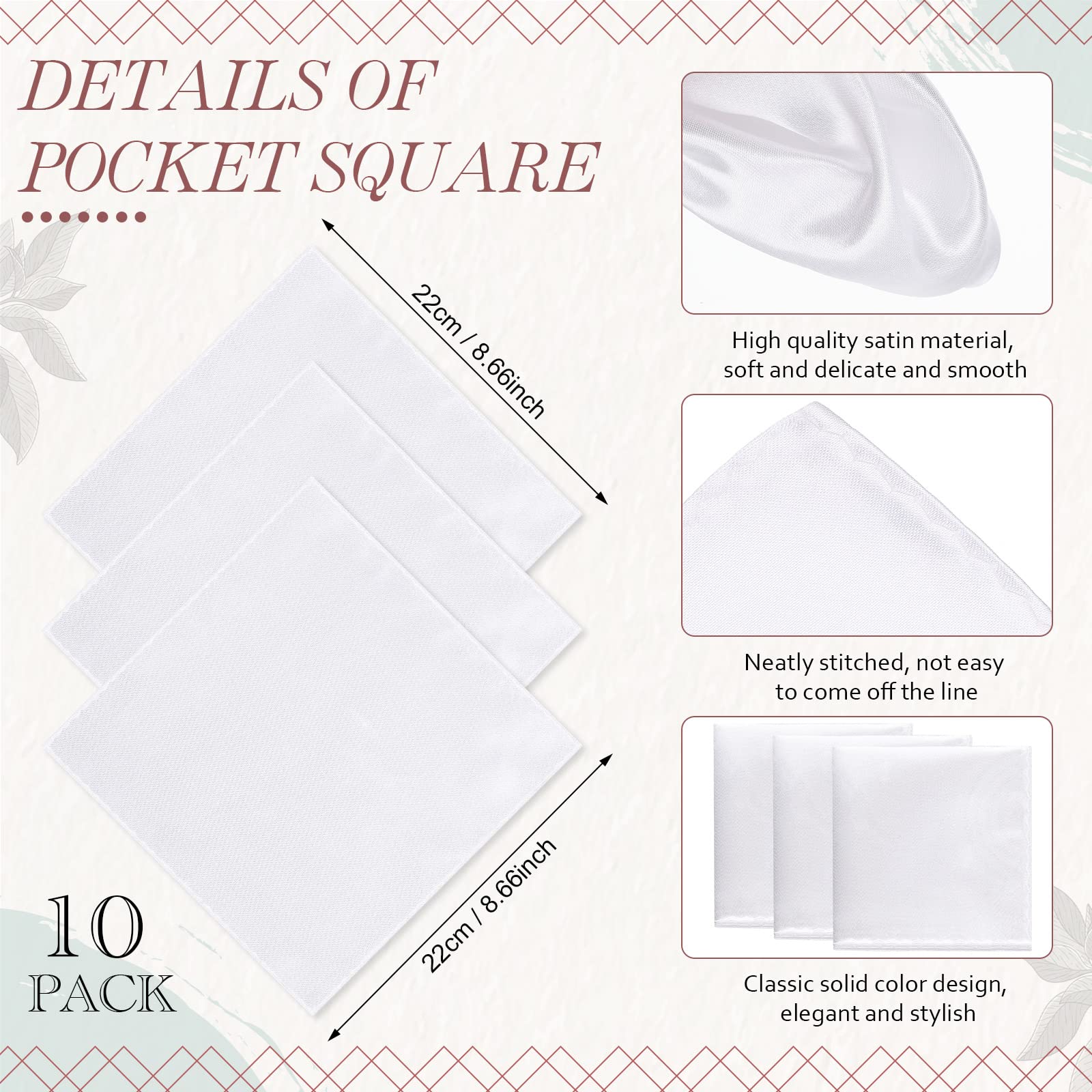 Tarpop 10 Pcs Pocket Squares for Men Silk Squares Pocket Suit Handkerchief for Groomsmen Wedding Party(White)