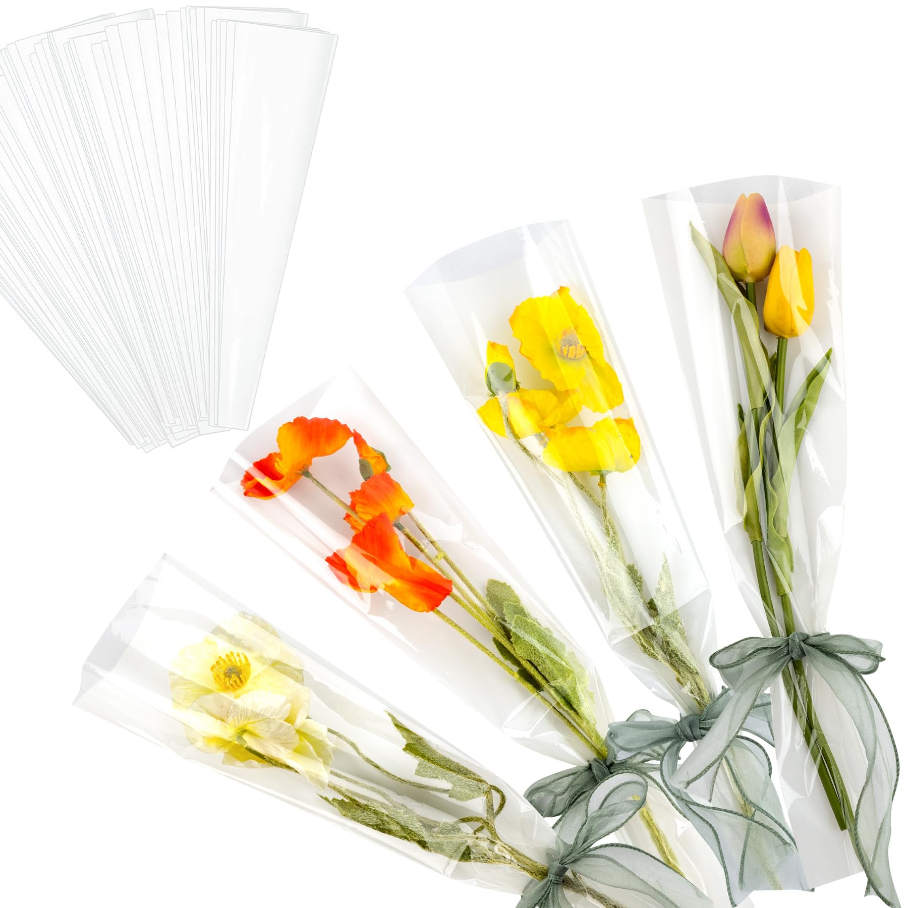 Framendino, 100 Pack Single Rose Clear Bags Flower Packaging Bag Floral Bouquet Wrapping Paper for Birthday Gift Valentines Day