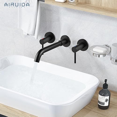 Miniatura 8 de Airuida Grifo de baño de latón macizo con boquilla giratoria 360, grifo mezclador de lavabo con válvula áspera y asas de doble nivel, color negro
