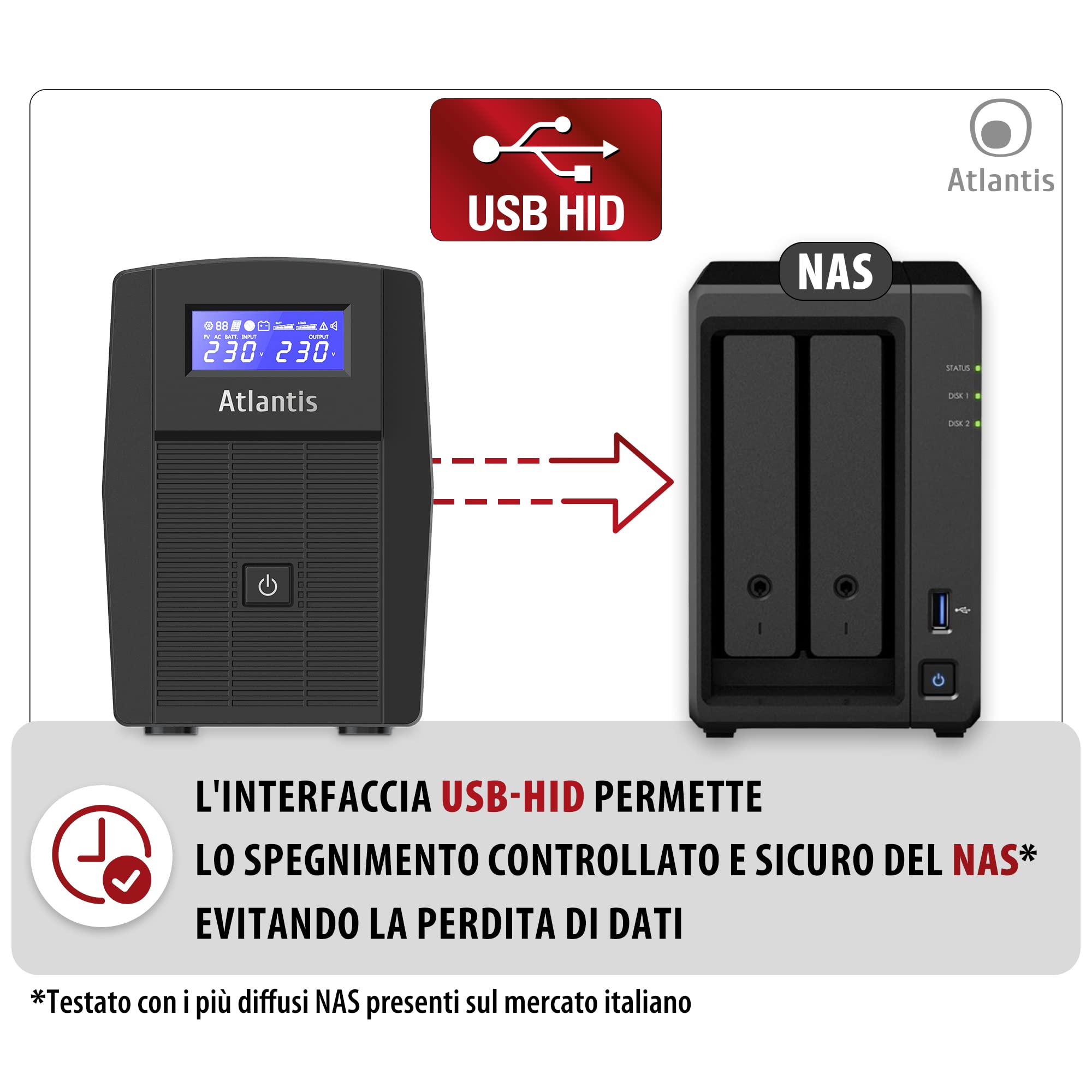 Atlantis A03-HP1003 Gruppo di Continuità Onda Sinusoidale Pura 800VA 480W Line Interactive, display LCD, porta USB-HID, 2 uscite Shuko + cavo alim, 1 batteria 12V-9Ah, protezione RJ45, software gratis