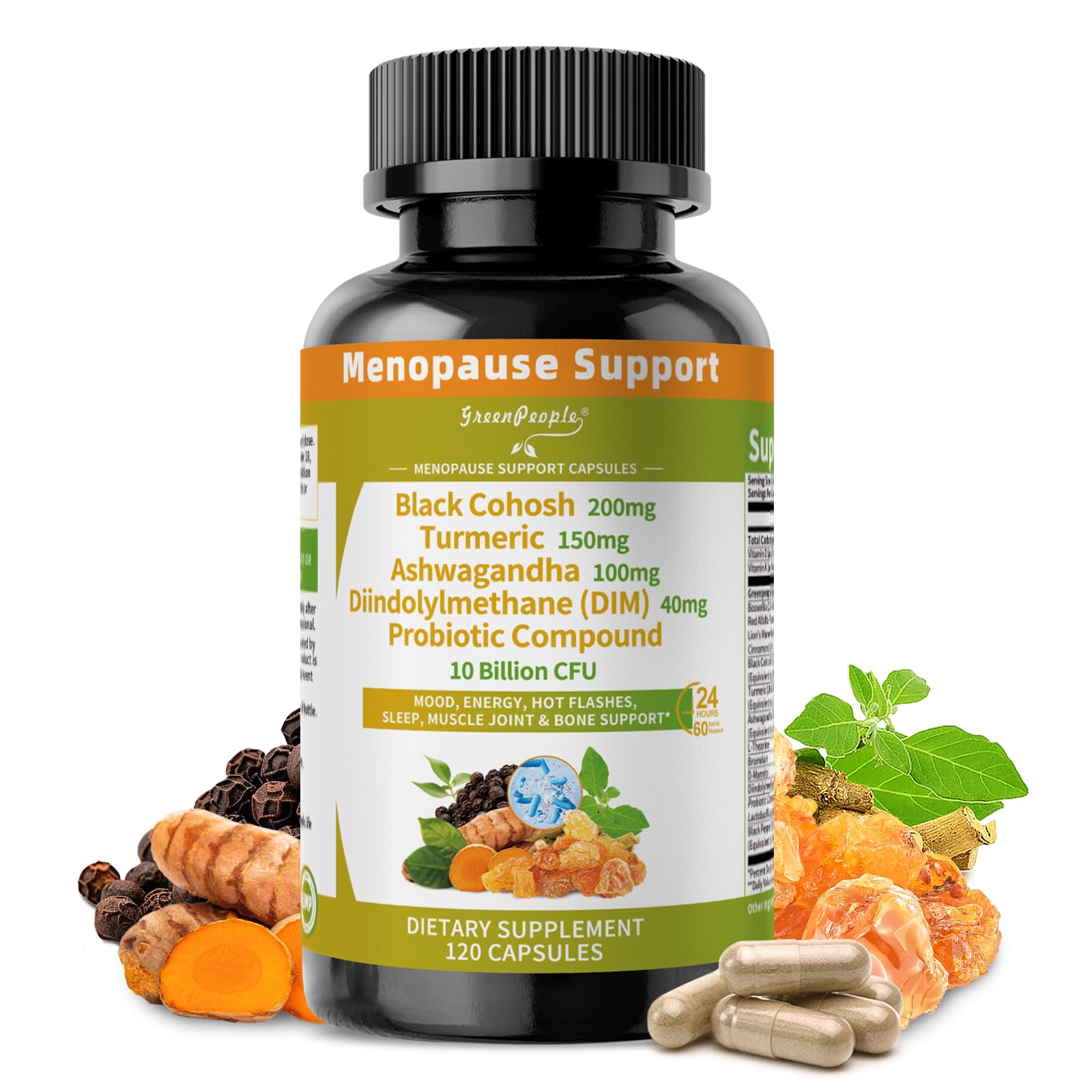 GREENPEOPLE Menopause Supplements for Women - Black Cohosh & Ashwagandha for Hot Flashes, Night Sweats, Mood Swings, Hormonal Balance Support,10 Billion CFU Probiotic - 120 Capsules Vegan Gluten-Free 120 Count (Pack of 1)