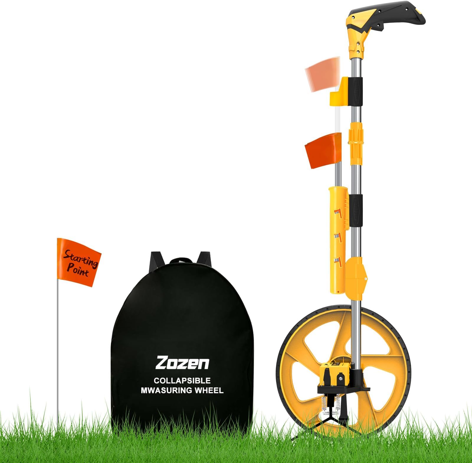 Zozen Distance Measuring Wheel in Feet and Inches, with 20pc Marking Flags and Flags Holder, Collapsible Measure Wheel - Imperial Industrial with Big Kickstand to Keep Stand, Include Backpack.