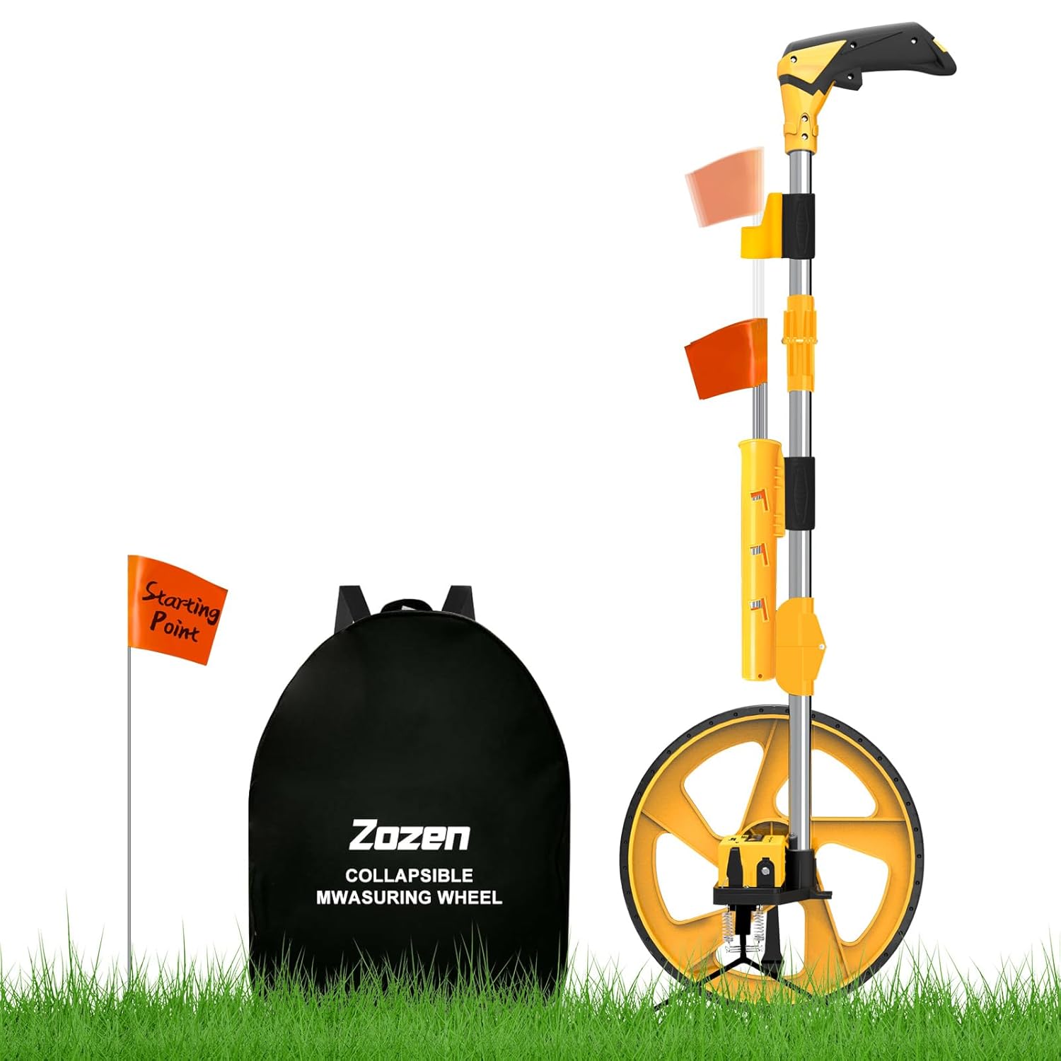 Zozen Collapsible Measuring Wheel Feet & Inches - 20 PVC Marking Flags, Flag Holder, Backpack - Accurate Industrial Distance Tool with Kickstand