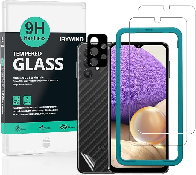 Ibywind Screen Protector For SamSung Galaxy A32 5G/A32 5G Enterprise Edition(6.5 Inches),with 2 Pcs Tempered Glass,1 Pc Camera Lens Protector,1 Pc Backing Carbon Fiber Film[Fingerprint Reader]