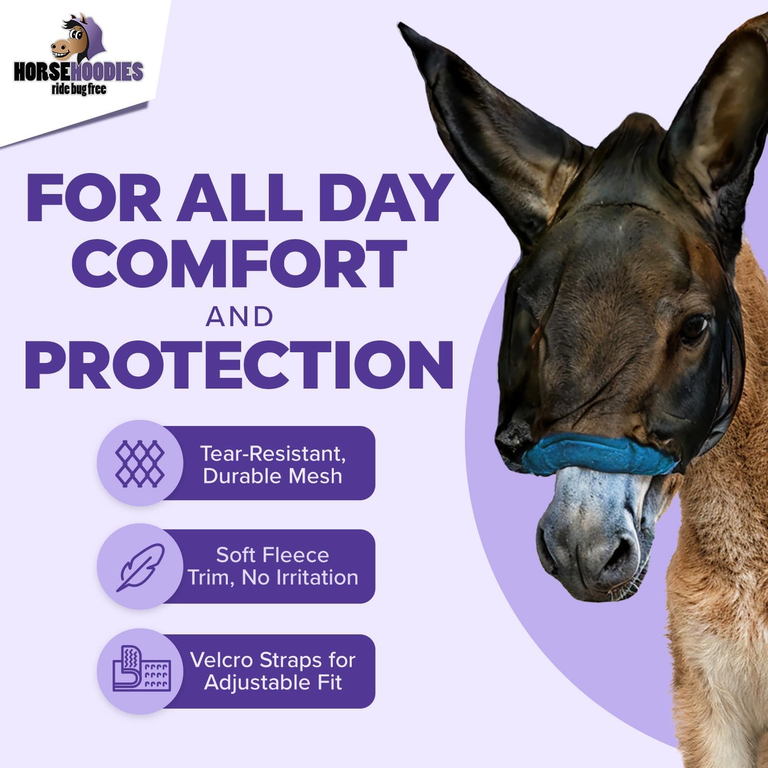 Donkey Fly Mask with Long Ears - (Purple) Mini Donkey Fly Mask with Ears Protection from Insects and Bugs, Soft Mesh Fabric with Adjustable Fastener, Flymask for Donkeys Made in USA