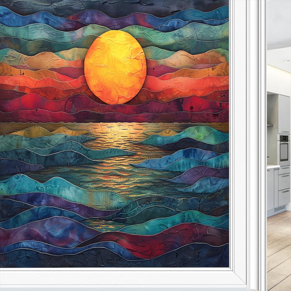 Fyfmushe Watercolor Ocean Sunrise Watercolor Sea Sunrise Window Privacy Film Stained Glass Abstract Sun Vintage Sunset Window Clings For Glass Decorative Stickers Static Cling Sun Blocking Coverings 45X60 Cm