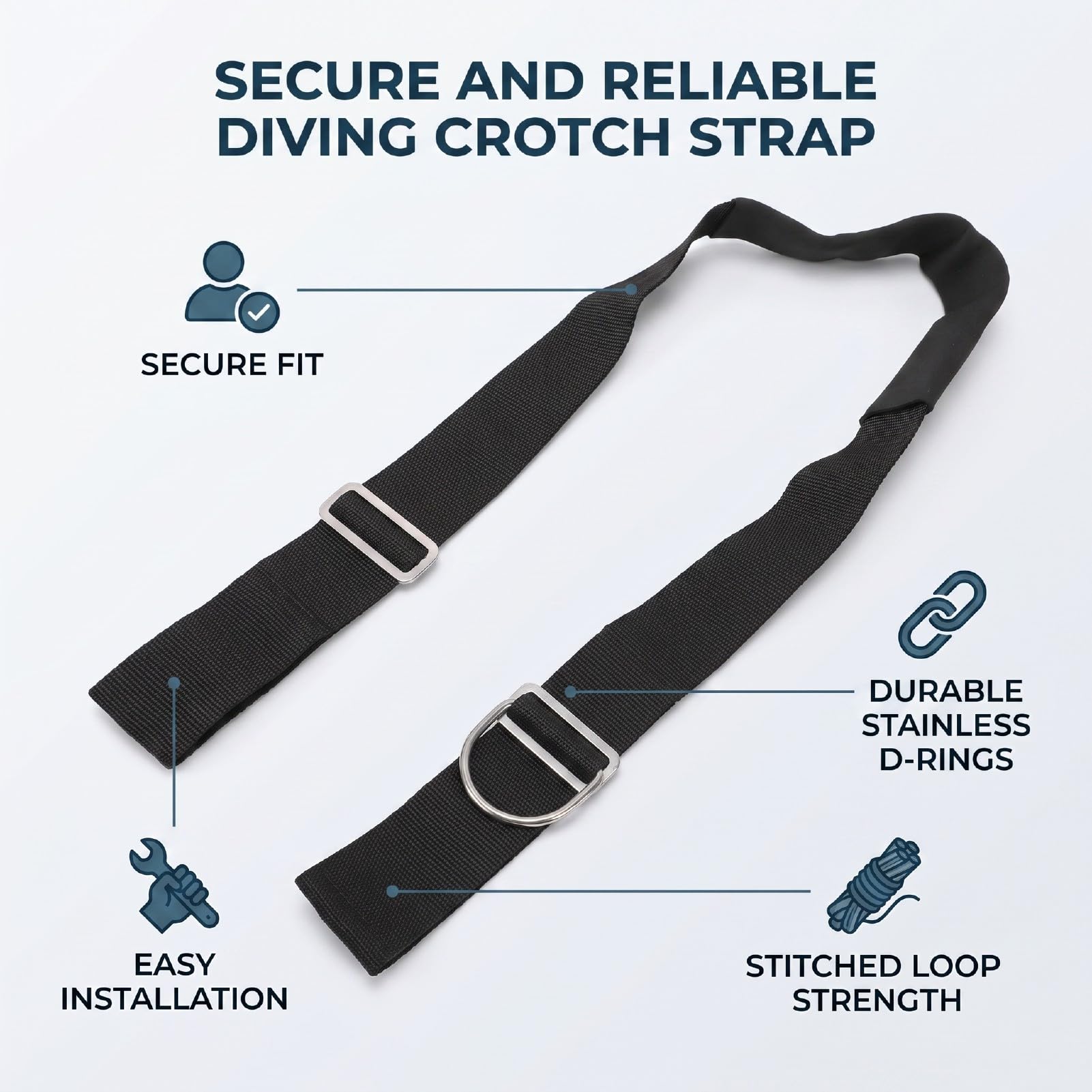 Diving Crotch Strap with 50in Stainless Steel D Rings | Ajuste seguro, material de nailon, fácil instalación, compatibilidad universal, diseño duradero