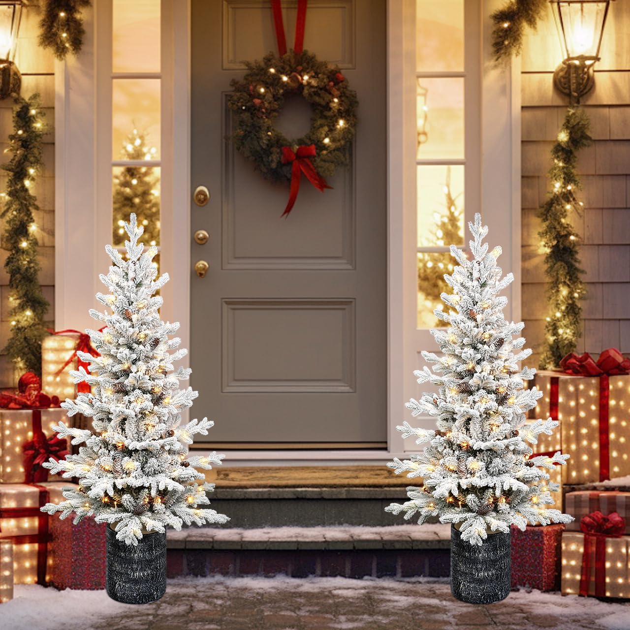 Mini albero di Natale artificiale da tavolo, 1,4 m, pre-illuminato, con 150 luci LED e 720 punte in PE e PVC, per porta d'ingresso, portico, interni ed esterni