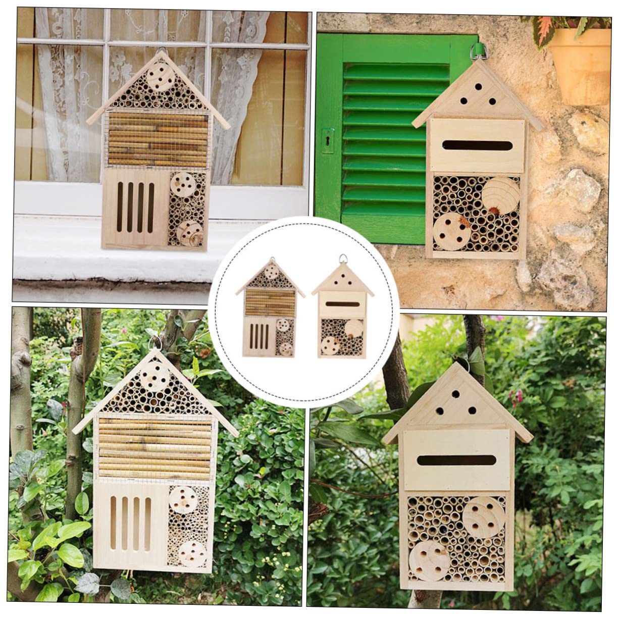 Happyyami 2 Stück Hängendes Bienenhaus für Garten und Terrasse Bienenfreundliches Insektenhotel mit Glatter Oberfläche und Sicherem Dach Wildbienen und Marienkäfernest von Bestäubung