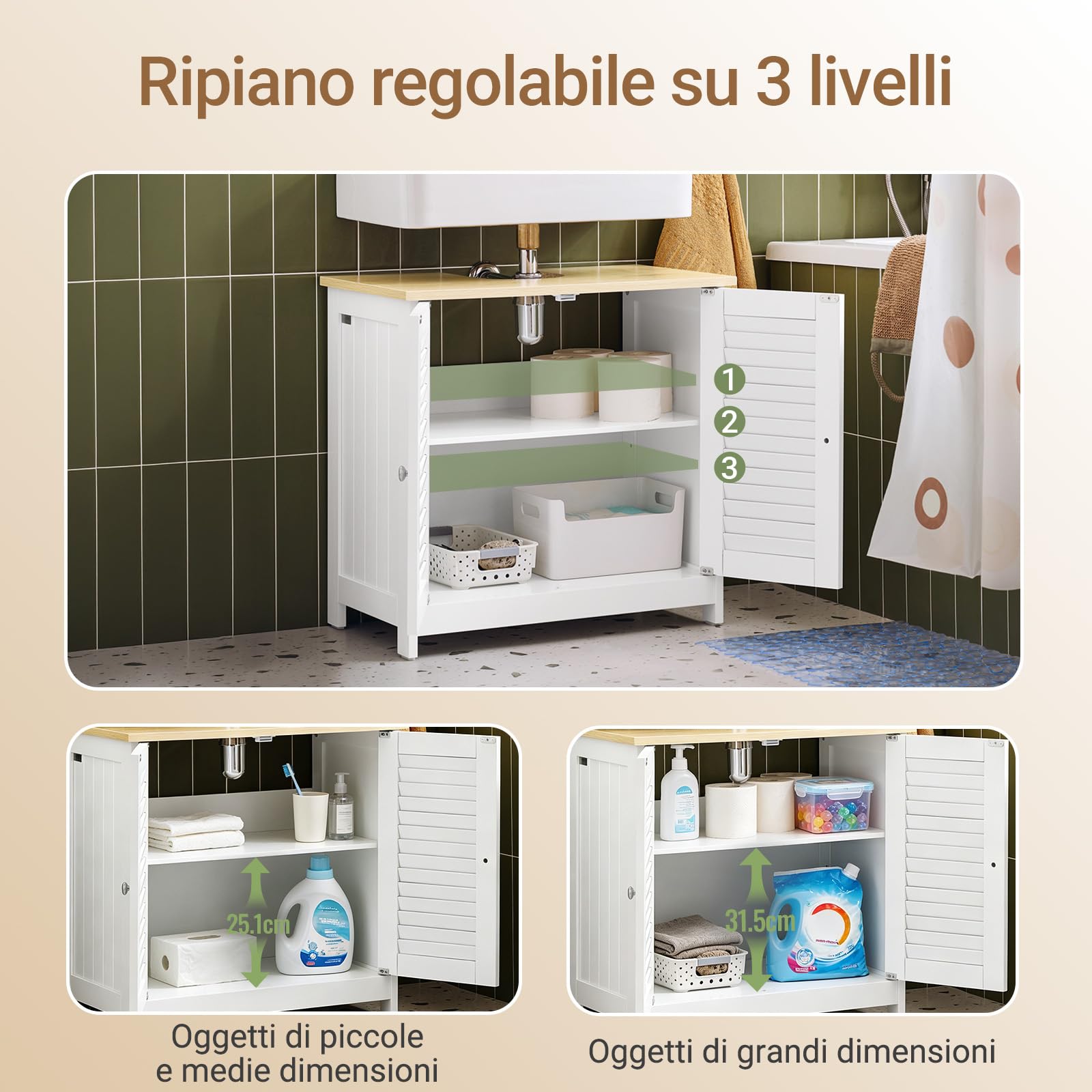 SoBuy Mobile Bagno Salvaspazio Sottolavabo 2 Ante Tapparelle 60x35x59cm | Mobiletto Bagno per Lavabo con Ante In Stile Tapparelle, Bianco-Naturale, L60P35A59cm, FRG237-WN