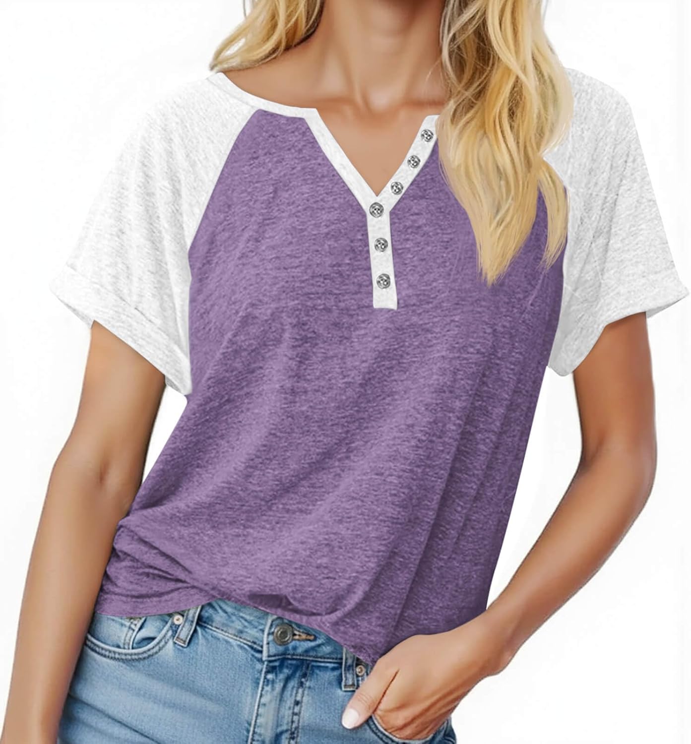 MaQiYa Womens V Neck Basic Tops Color Block Tunic T Shirts Summer Short Sleeve Casual Cotton Tees Shirts