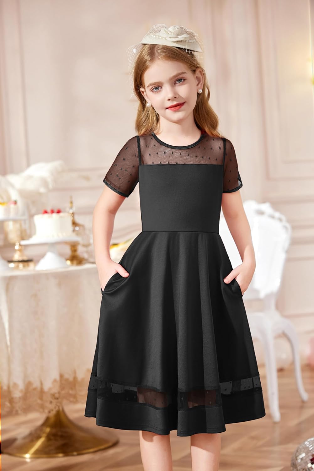 Arshiner - Brandclub - Arshiner Tween Girls Dress Formal Contrast Mesh  Short Sleeve A Line Party Dresses with Pockets for 5-12 Years