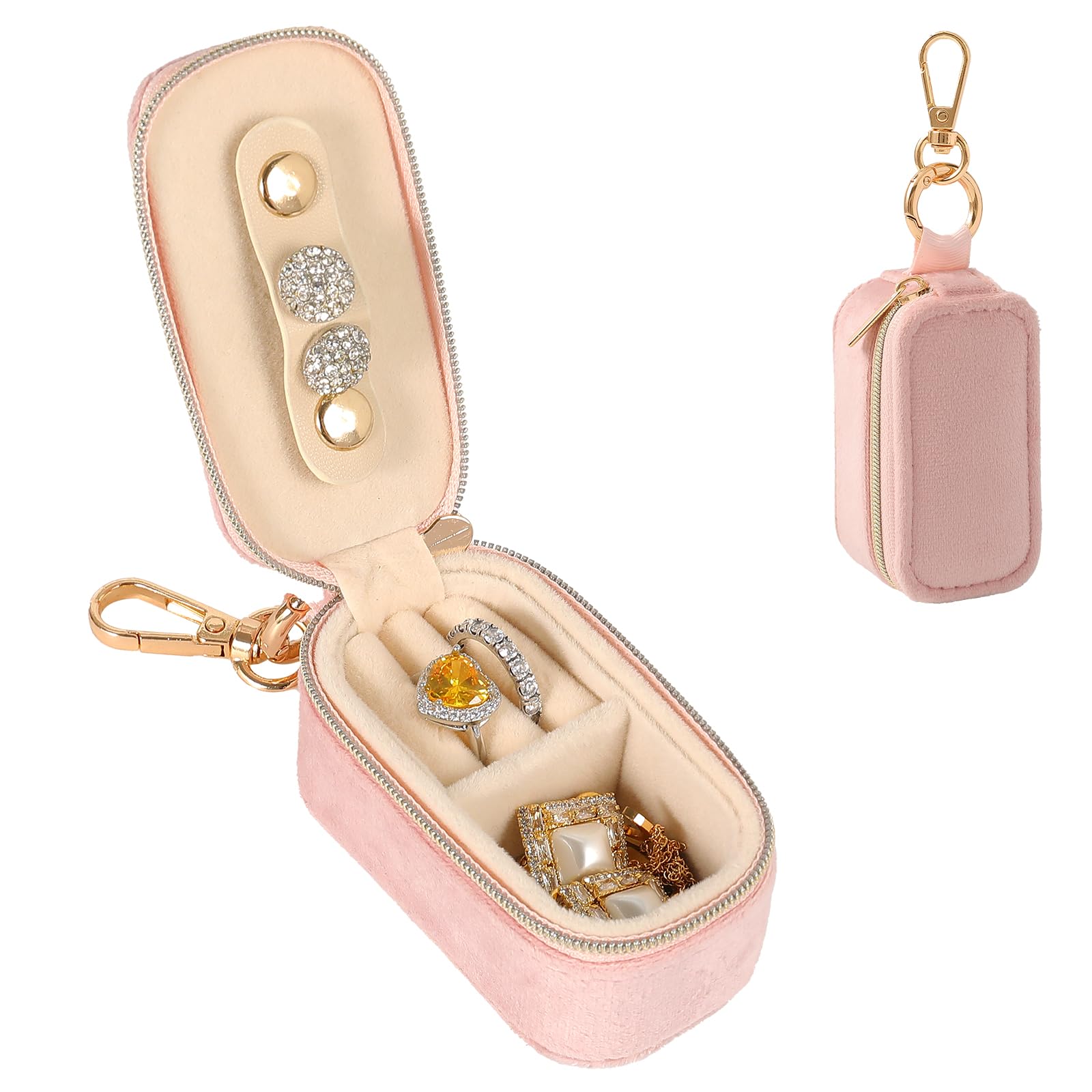 Small Travel Jewelry Box Keychain Portable Storage Ring Necklace Earrings Holder Case Organizer Gift for Women Pink