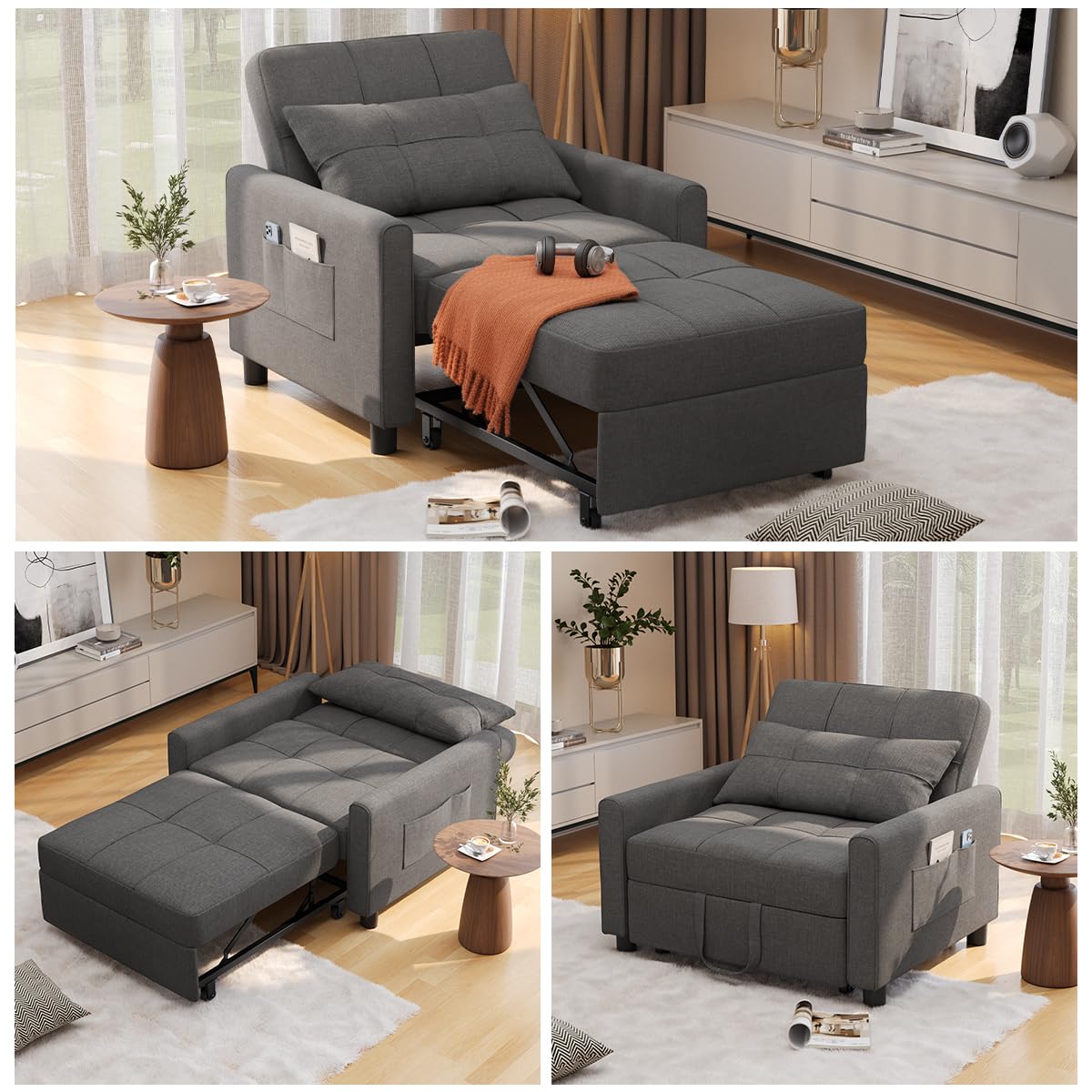 Aiho Sleeper Sofa Chair with Bed, 3-in-1 Convertible Sofa Bed in Modern Linen Fabric for Apartment Living Room Study, Dark Gray