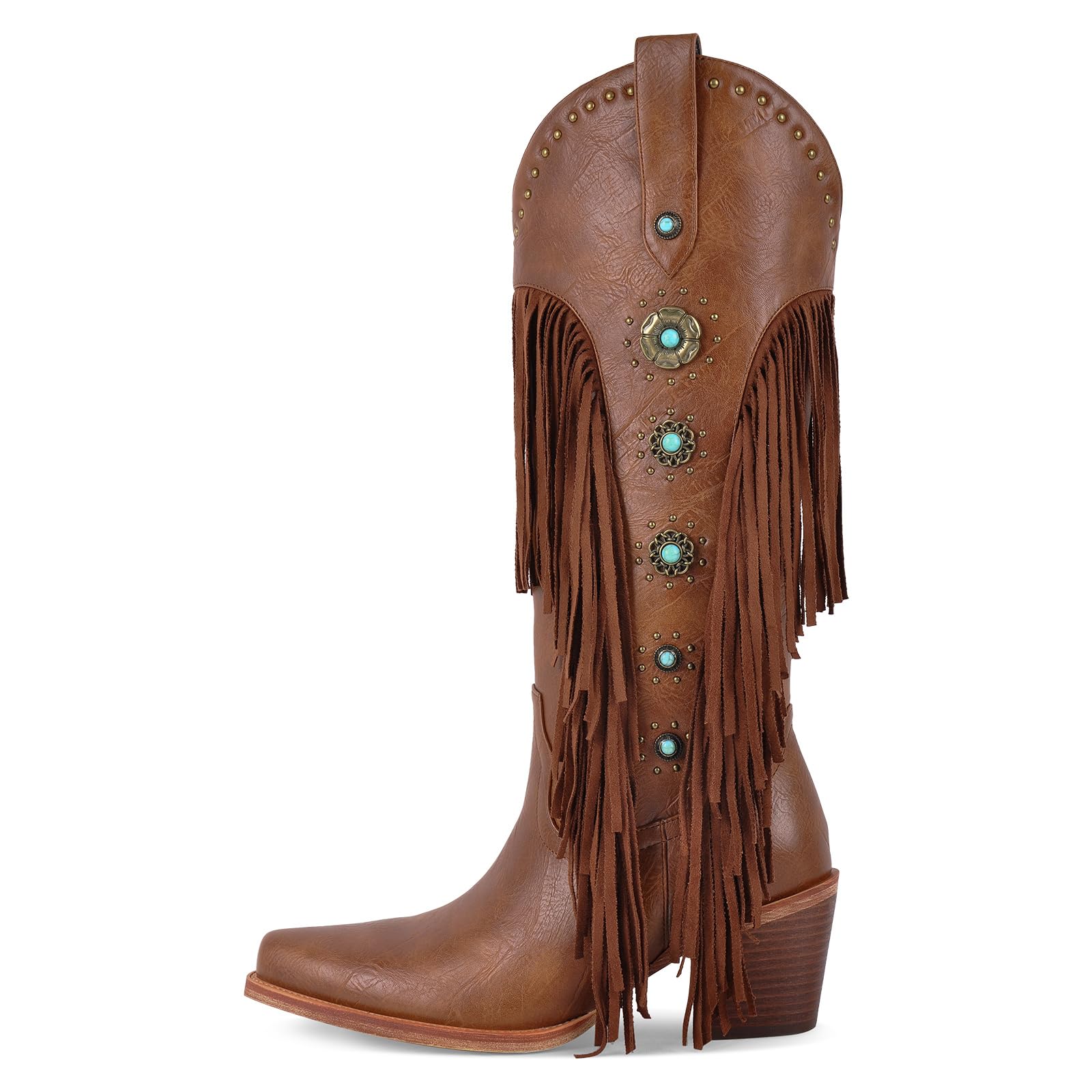 Womens Western Cowboy Cowgirl Boots Studded Fringed Long Boot Block Heel