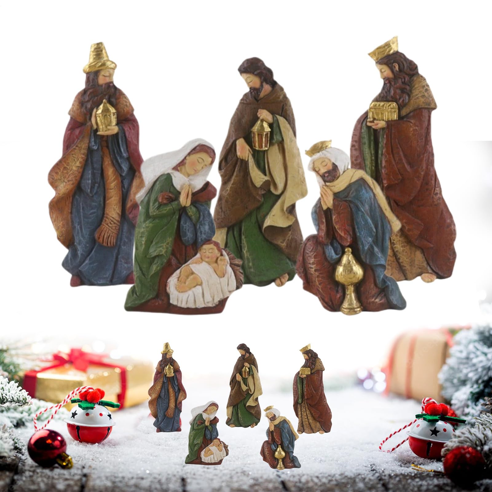 Scène de la Nativité pour cheminée et table de Noël chrétienne chaleureuse