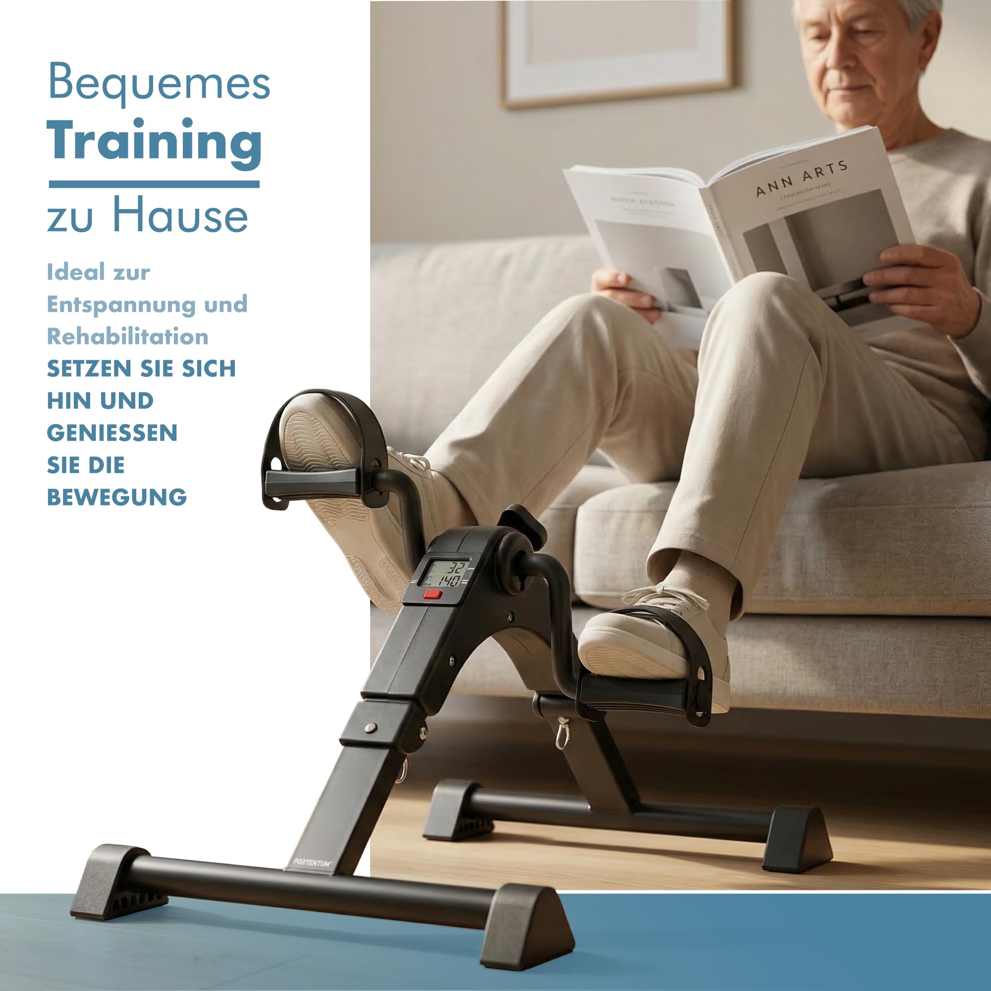 PORTENTUM Pedaltrainer für Senioren elektrisch motorisiert – 12 Geschwindigkeiten und Fernbedienung – Beintrainer im Sitzen mit Matte und LCD-Display – Kompakter Mini Heimtrainer