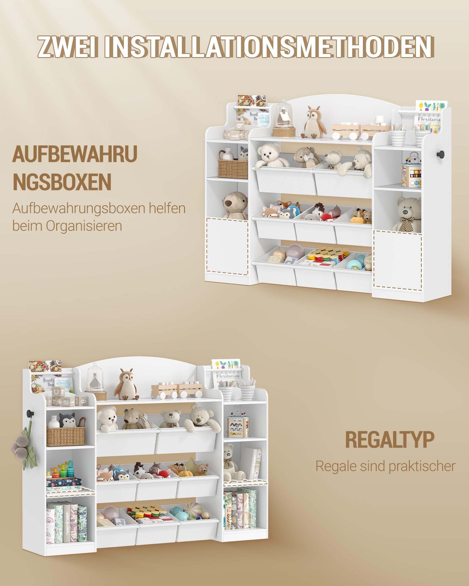 Hzuaneri Kinderregal, Bücherregal Kinder aus Holz, Spielzeugregal mit 8 Stoffschubladen für Kinderzimmer, Wohnzimmer, Arbeitszimmer Weiß 30 x 140 x 104 cm KB43003W