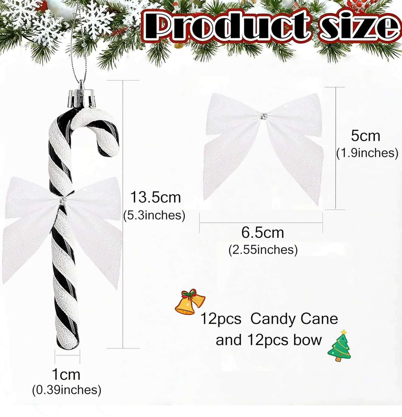 Bastones de Caramelo de Navidad con Purpurina Lazo Colgante para Árbol Navidad (Blanco) 24 Piezas
